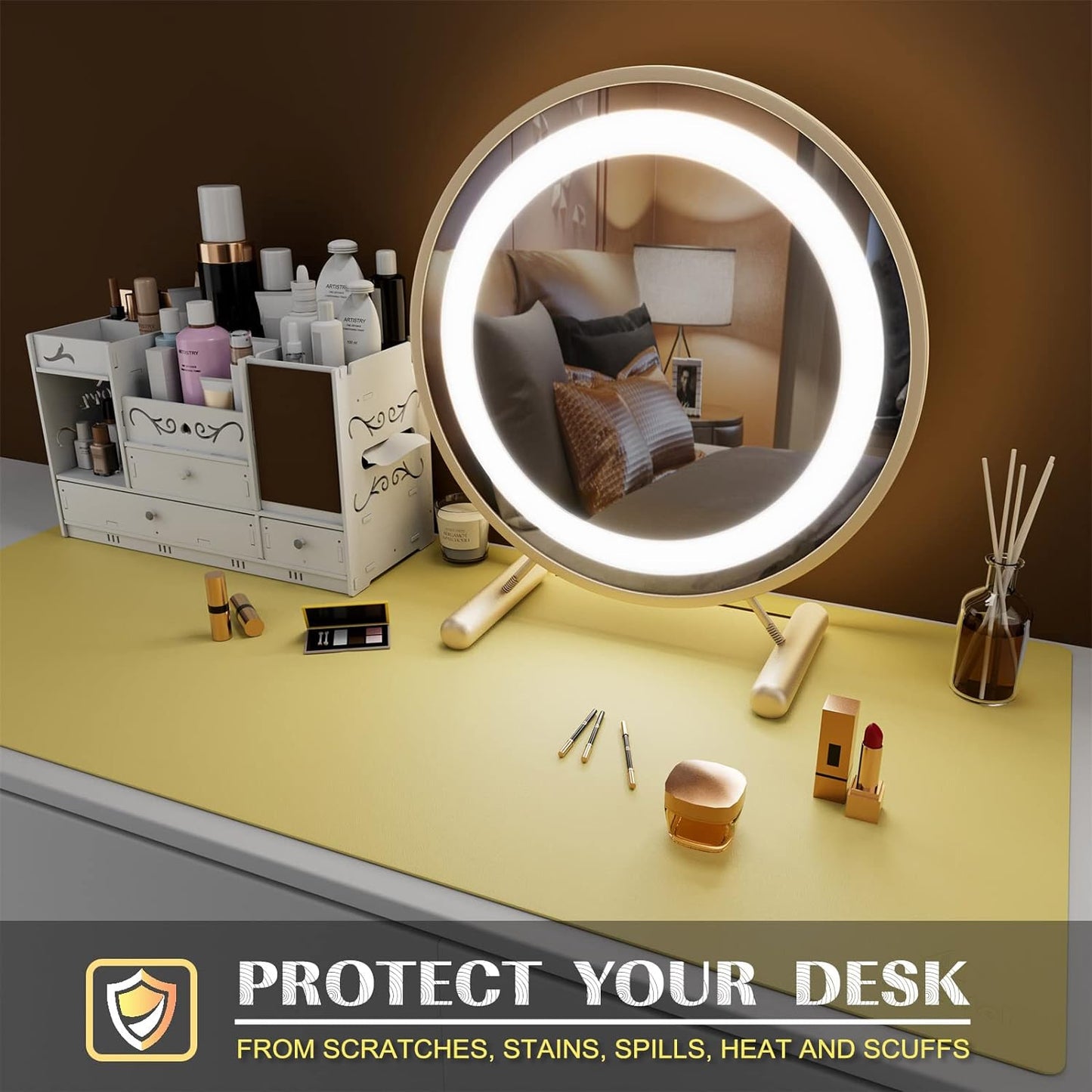 K KNODEL Large Office Leather Desk Mat, Mouse and Keyboard Pad, Computer and Laptop Mat, Desktop Protector and Cover, Writing Pad and Blotter (35.4"x17", Yellow)