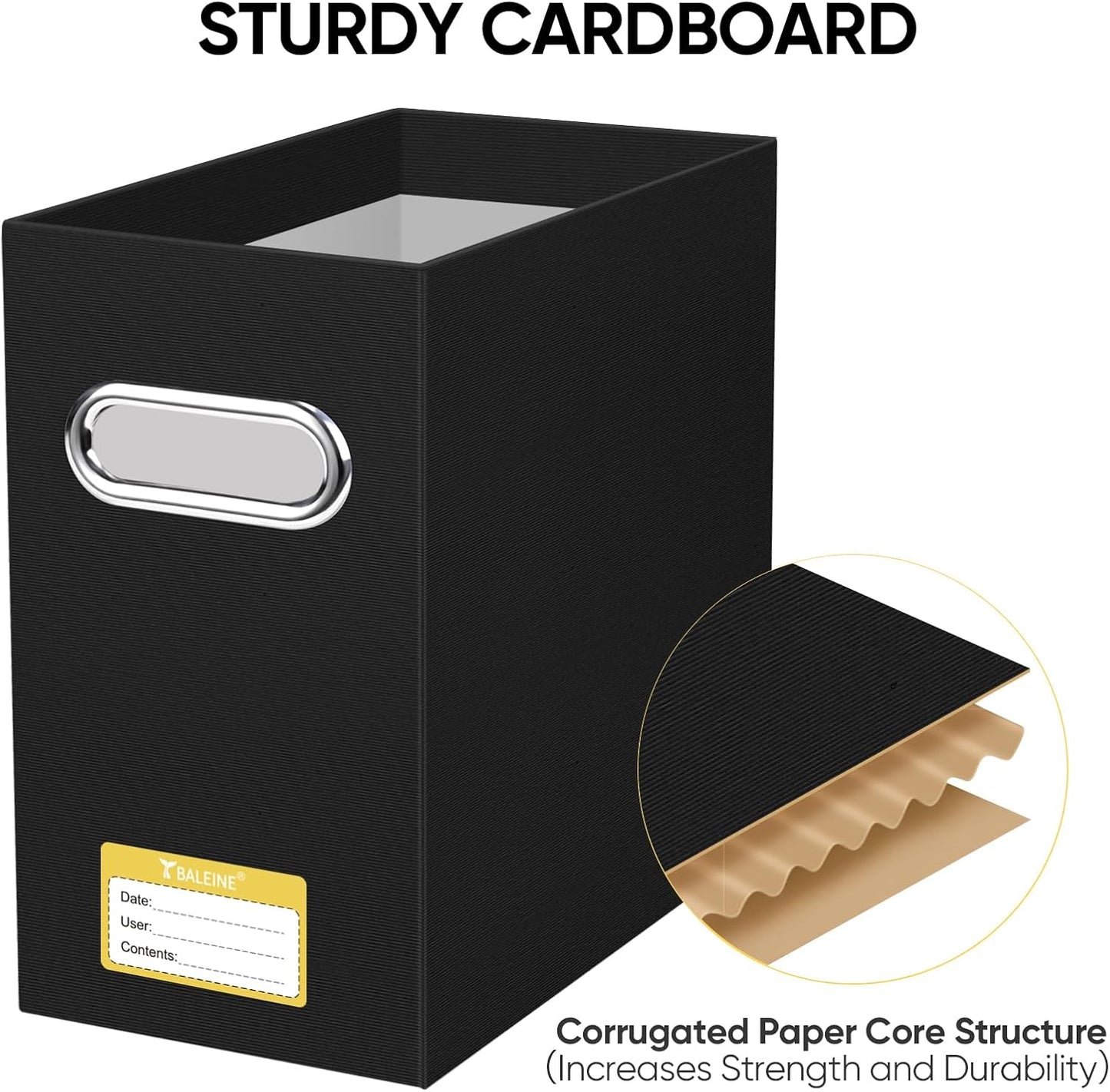 BALEINE File Organizer Box, Cardboard File Folder Organizer with Handle for Letter Size, Portable Collapsible Hanging Filing Box for Home Office Document Storage (2 Pack, Black)