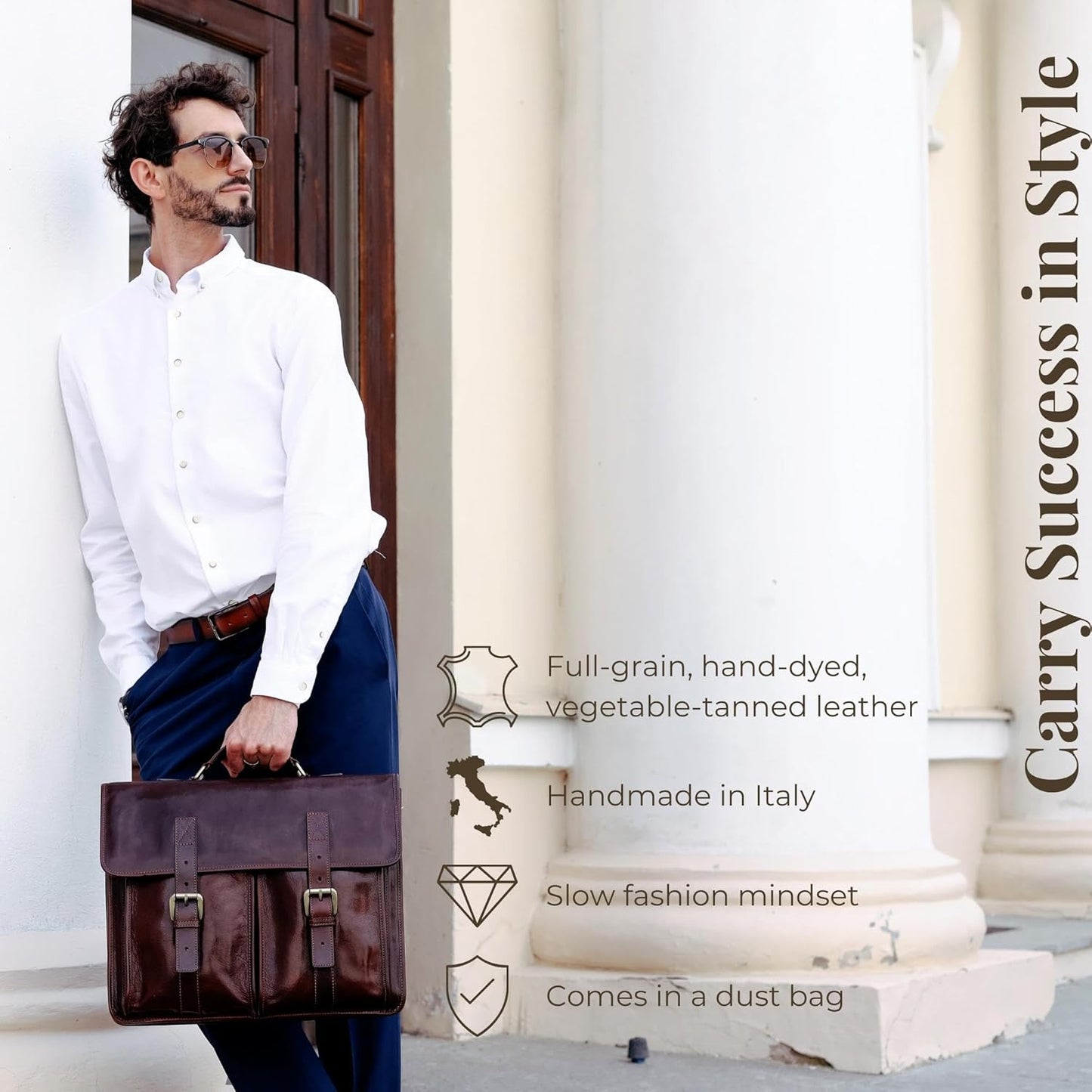 Time Resistance Leather Briefcase for Men Handcrafted in Italy Full Grain Messenger Bag for Laptop