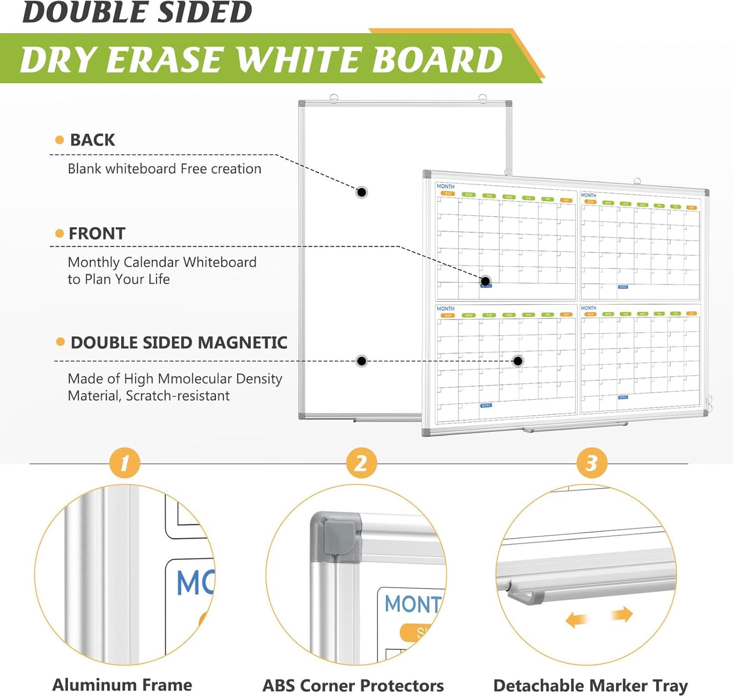 Dry Erase Calendar Whiteboard for Wall, 36" x 24" Magnetic Planner, Silver Aluminum Frame 4 Month Board for Office Home and School