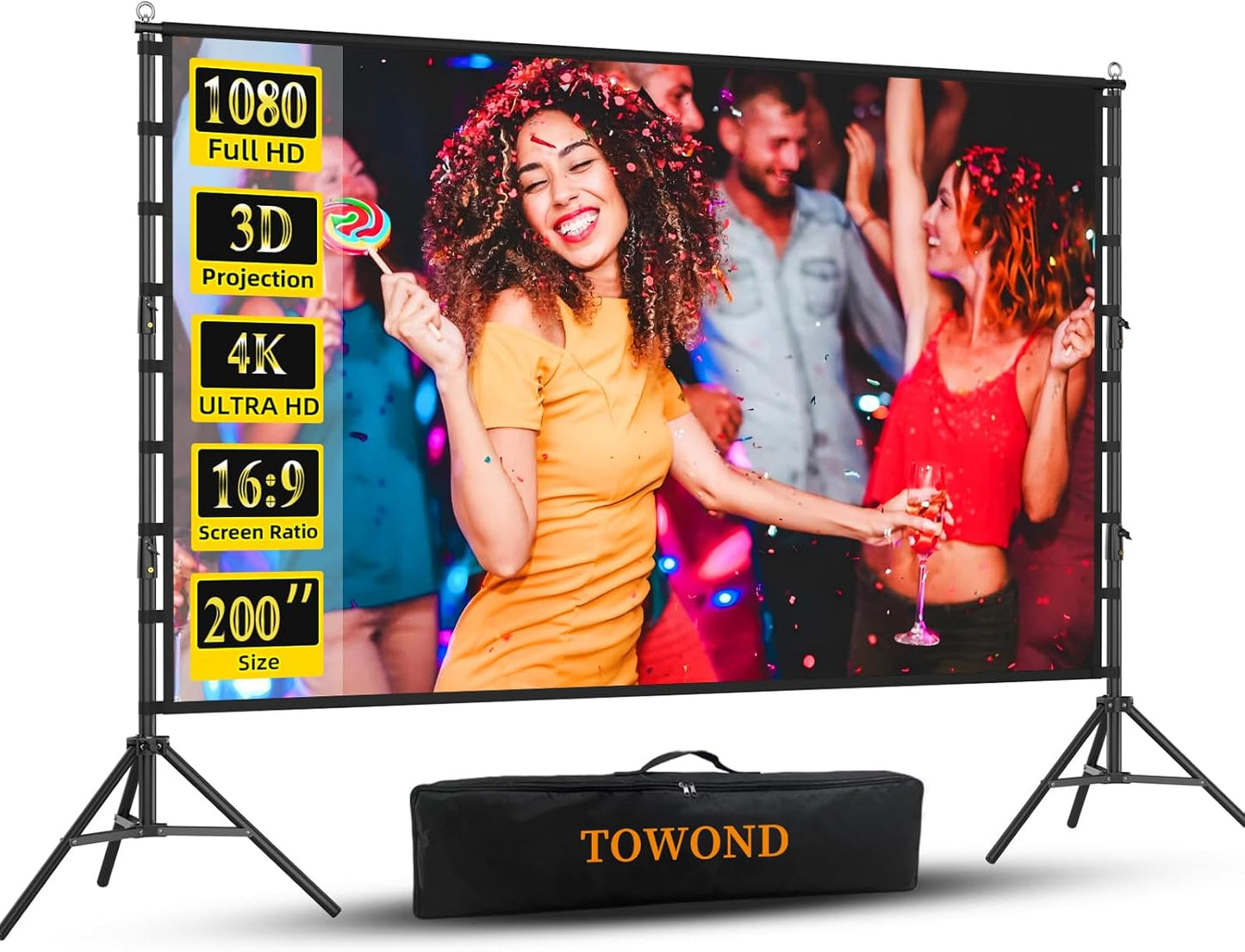 Outdoor Projector Screen with Stand, TOWOND 200 Inch Portable Projection Screen - Dual-Sided 16:9 4K HD Movie Screen, Wrinkle-Free Design & Carry Bag for Backyard Cinema