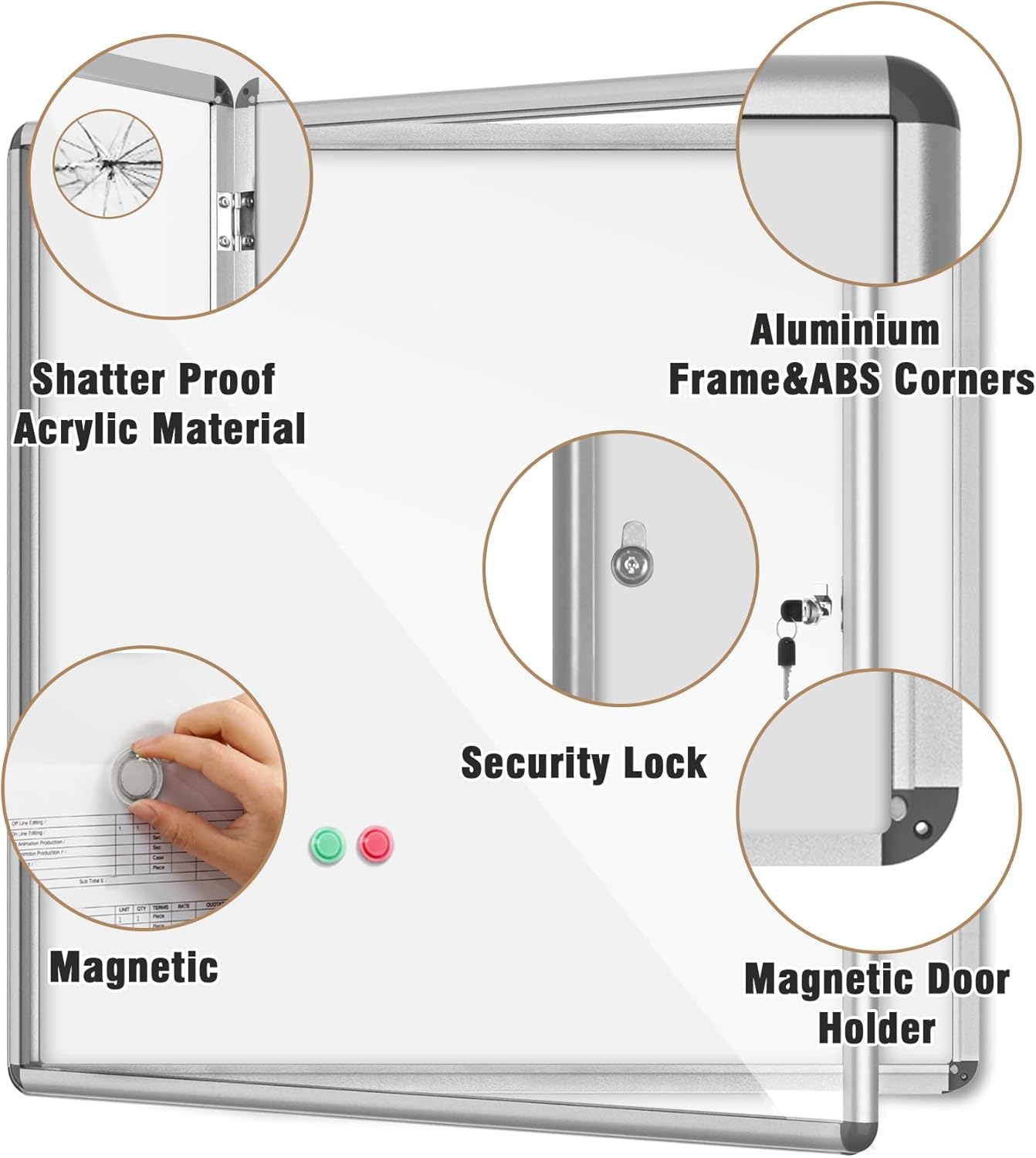 38"x38" Enclosed Bulletin Board, Lockable Weather-Resistant Aluminum Noticeboard for School & Office, Silver Frame w/Magentic Whiteboard