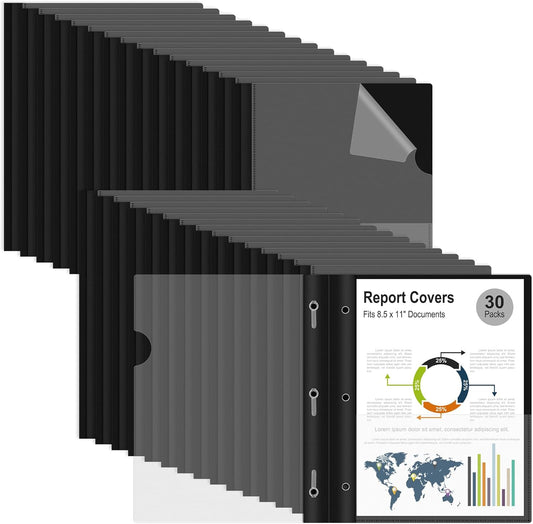 Ndsox 30 Packs Clear Front Report Covers with 3-Prong Fasteners, Plastic Project Presentation Folders Resume Document Covers with Black Back for 8.5" x 11" Letter Size Paper for School Office Business