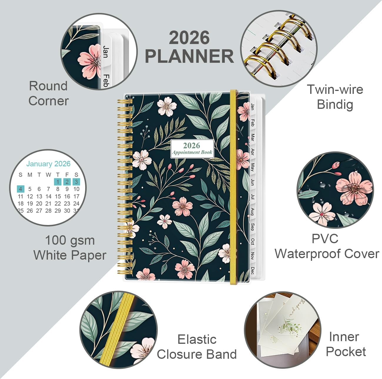 2026 Appointment Book & Planner - 2026 Daily Hourly Planner from January 2026 - December 2026, Weekly Appointment Book with 30-Minute Interval, Medium 6.4" x 8.5", Flower-C