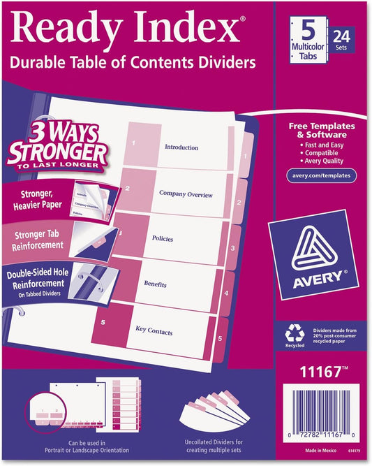 Avery 5 Tab Dividers for 3 Ring Binders, Customizable Table of Contents, Multicolor Tabs, 24 Sets (11167)