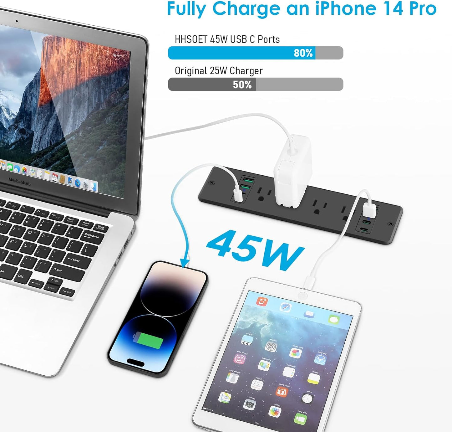 HHSOET 16 in 1 Recessed Power Strip Flat Plug, 45W Fast Charging Furniture Outlet with USB, Conference Recessed Surge Protection with 8 AC Plugs, 4 USB Ports 4 USB-C, 10ft Power Cord.(Black)