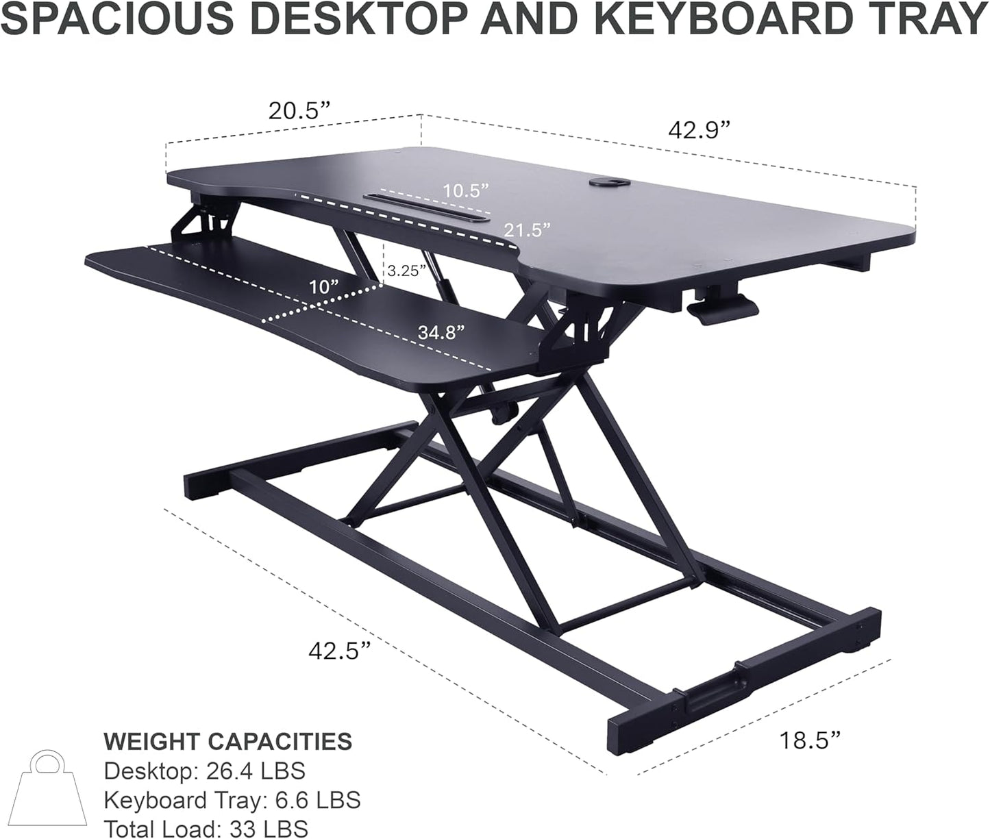 Rocelco 43" Height Adjustable Standing Desk Converter with Dual Monitor Arm Mount - Tall Stand Up Tabletop Riser and Tablet Slot - Computer Workstation - Deep Keyboard Tray - Black (R VADRB-43-DM2)