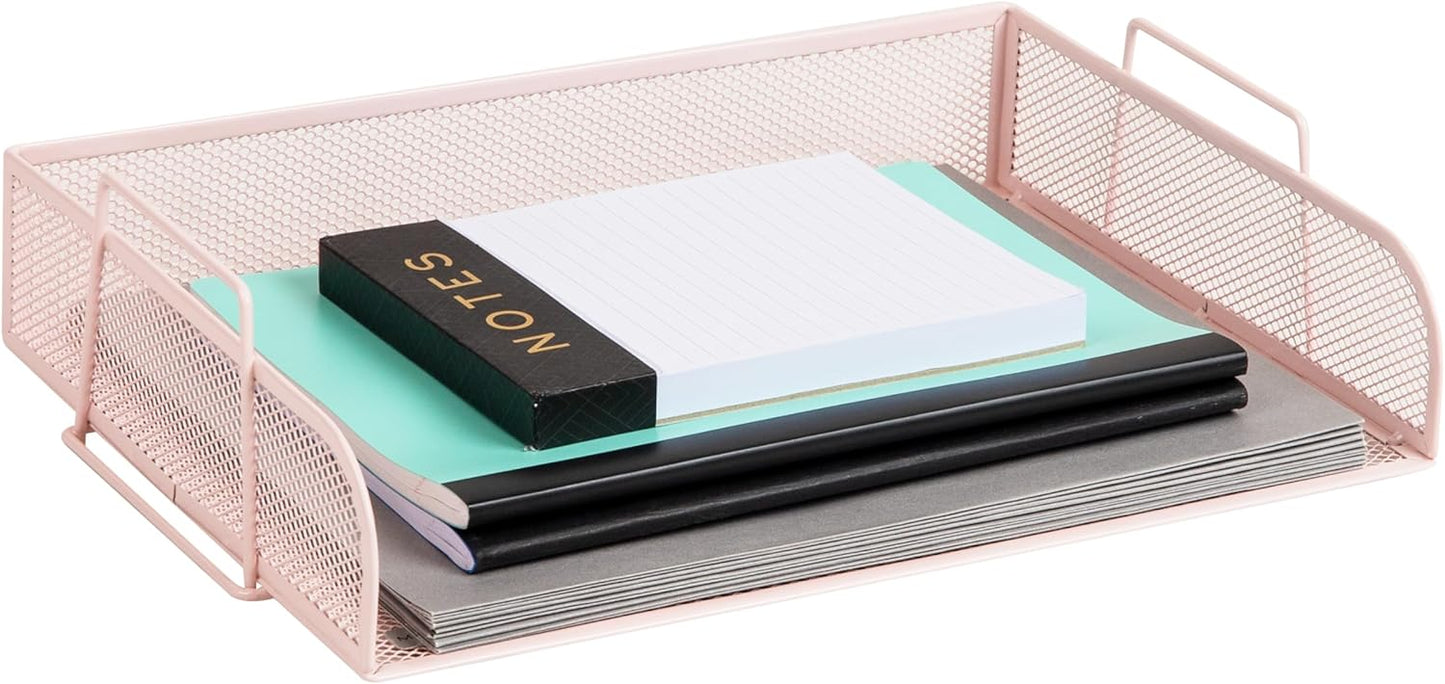 Mind Reader Stackable Paper Tray, Desktop Organizer, File Storage, Office, Metal Mesh, 13.25" L x 9.75" W x 6.25" H, 2 Pcs., Pink