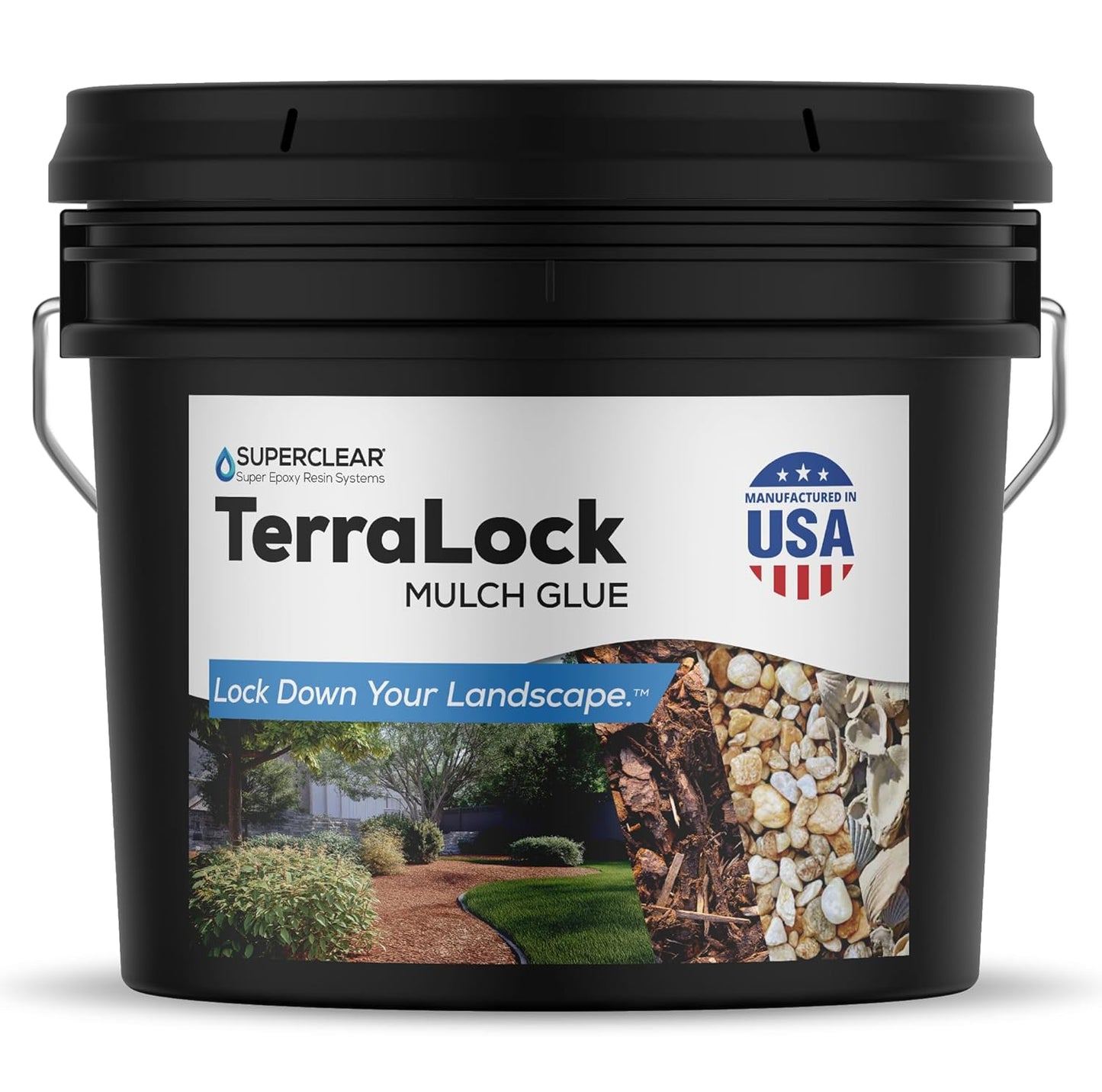 Superclear TerraLock Mulch Glue for Landscaping, 5 Gallon Rock Glue. Easy Spray, Easy Hold. Perfect for Mulch, Pea Gravel Large & Small, Rock, Straw and Stone, Pega para Piedras de Jardin