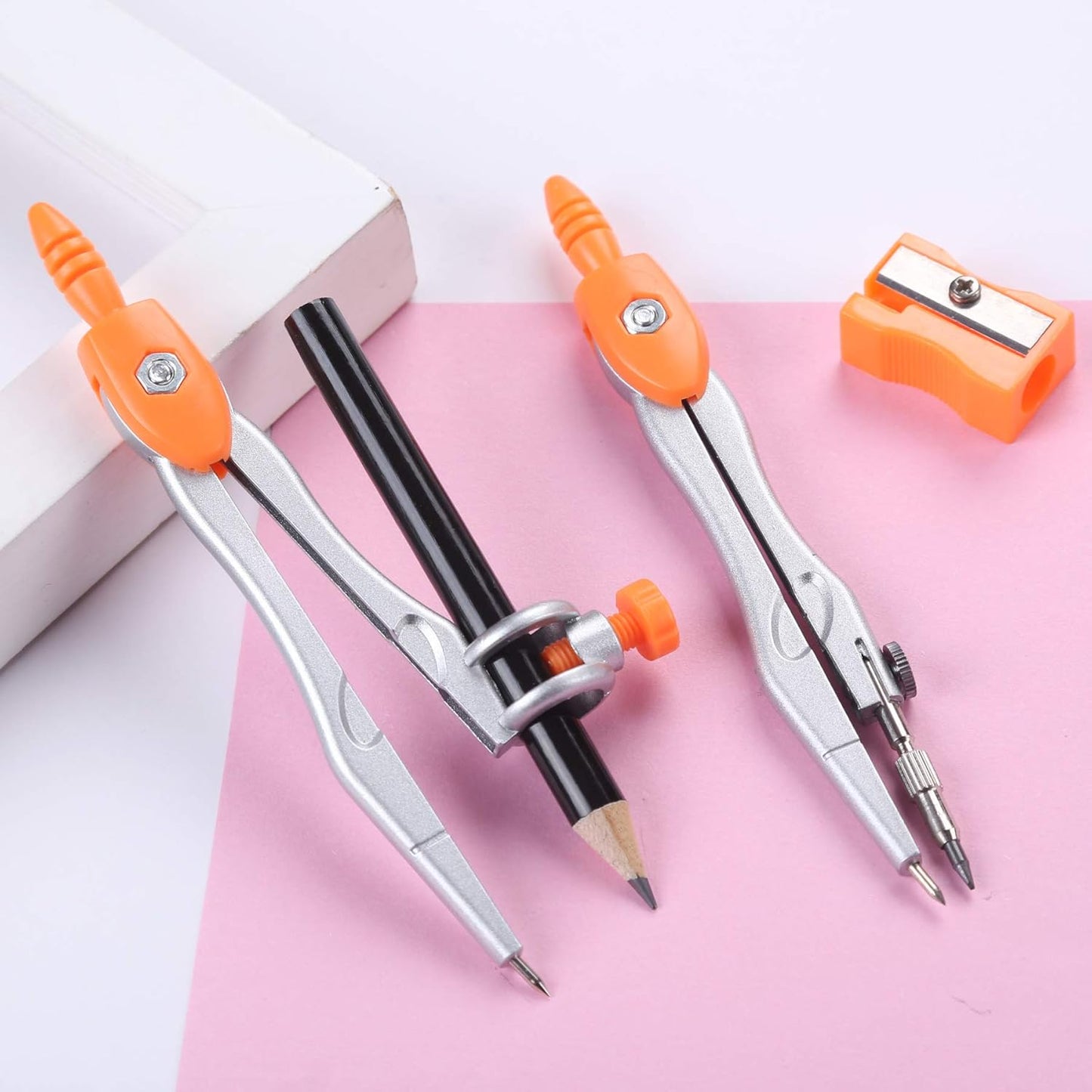 Math Geometry Kit Sets 10 Piece Student Supplies with Shatterproof Storage Box,Includes Rulers,Protractor,Compass,Eraser,Pencil Sharpener,Lead Refills,Pencil,for Drafting（Orange）