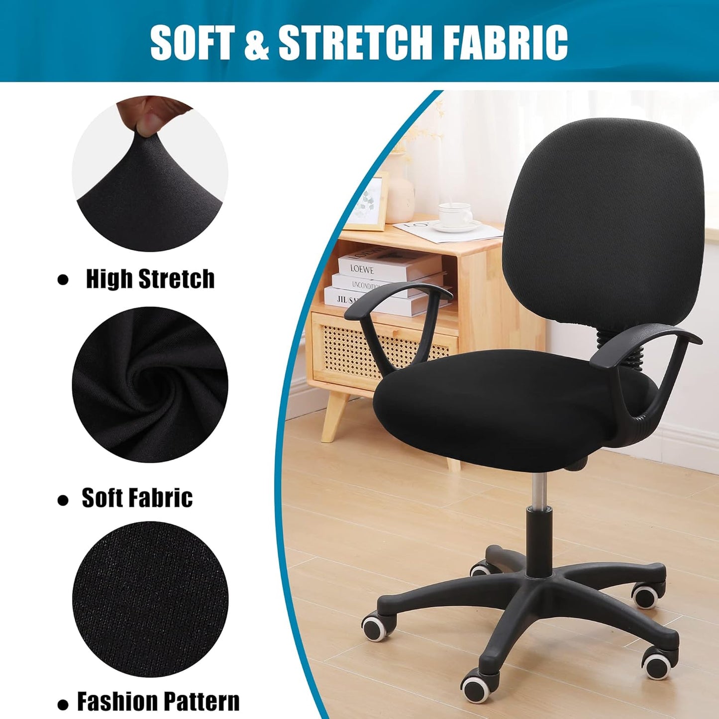 Smiry Printed Office Computer Chair Seat Covers, Stretch Fit Universal Desk Rotating Chair Cover Washable Removable Seat Cushion Protectors - Black