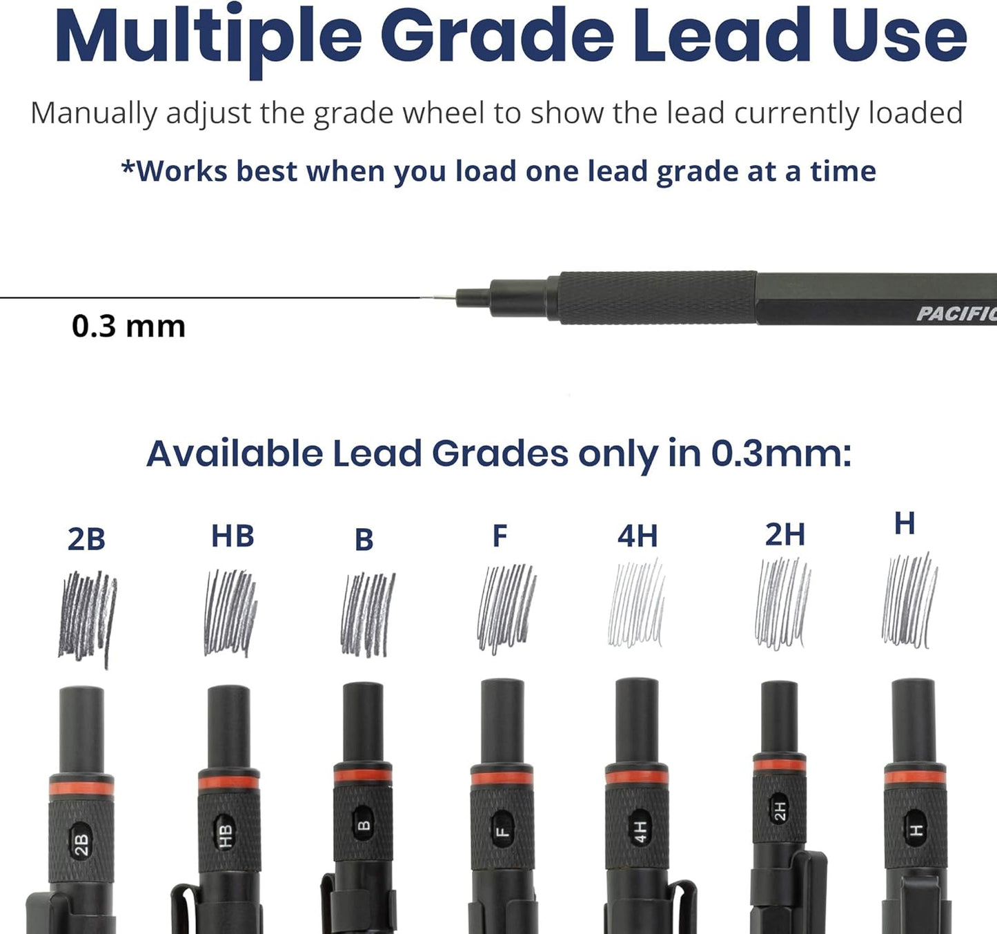 Pacific Arc Chromagraph Metal Mechanical Pencil .3 mm Black Barrel Mechanical Pencil with Built In Lead Pencil Grade Indicator, Lead Pencil Holder for Drafting, Sketching, and Drawing