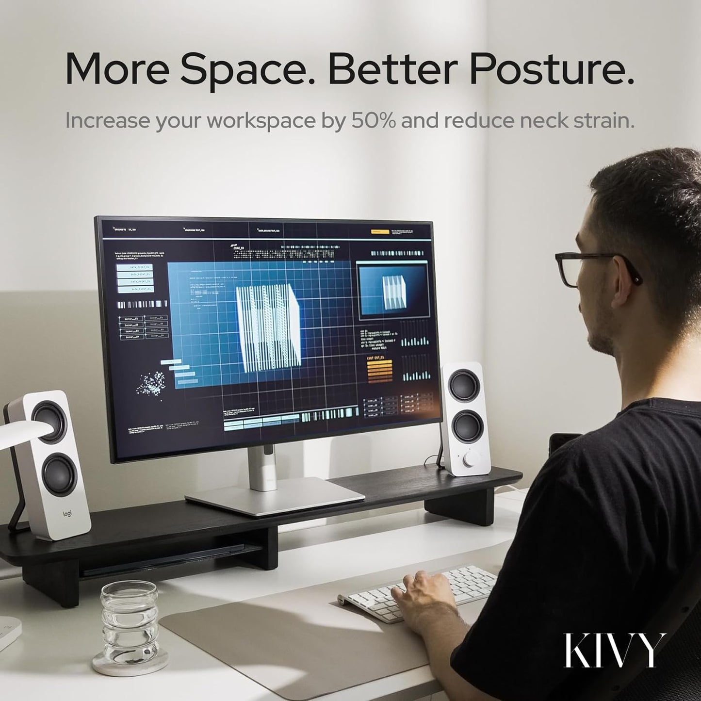 KIVY Dual Monitor Riser With Integrated Metal Shelf [MADE BY HAND] - Wooden Desk Shelf for 2 Monitors - Wide Long Stand for Desk (44 x10x3in - Oak)
