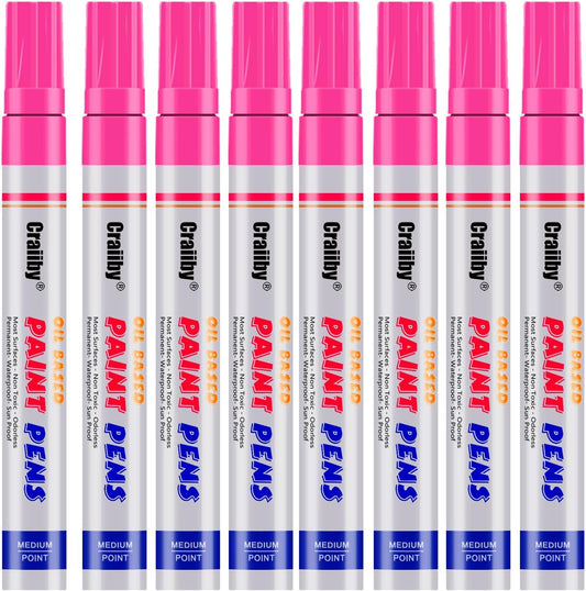 Pink Paint Markers, 8 Pack Oil-Based Waterproof Quick Dry Permanent Paint Pen Set for Rocks Painting, Wood, Fabric, Plastic, Canvas, Glass, Mugs, Metal, Tire, Stone, DIY Craft