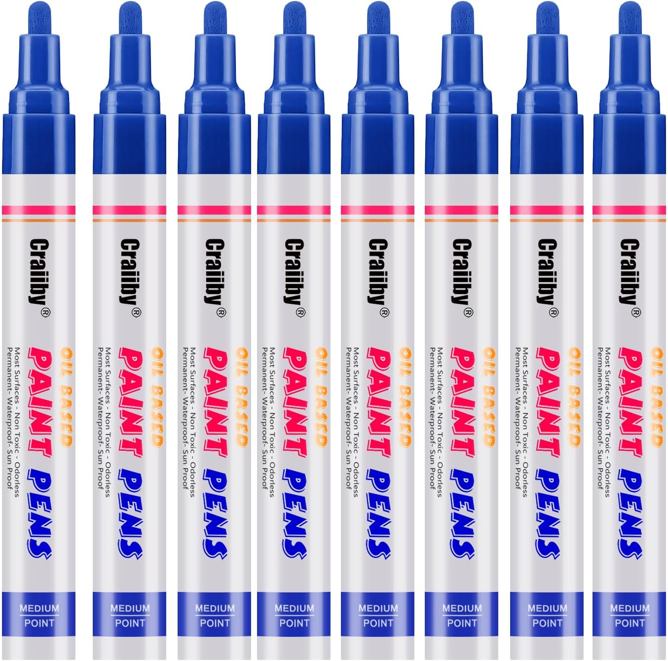 Blue Paint Markers, 8 Pack Oil-Based Waterproof Quick Dry Permanent Paint Pen Set for Rocks Painting, Wood, Fabric, Plastic, Canvas, Glass, Mugs, Metal, Tire, Stone, DIY Craft
