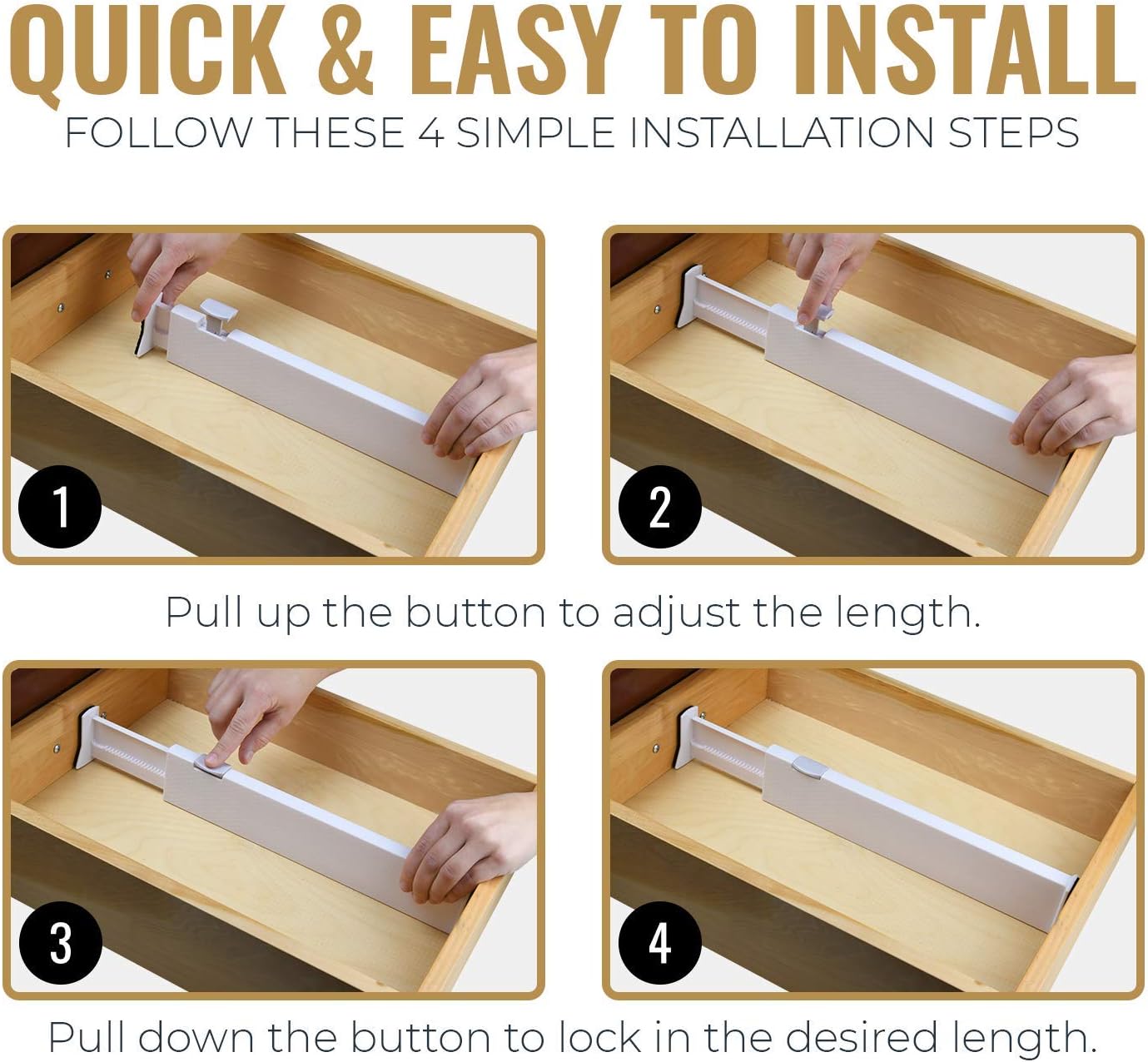 RAPTUROUS Adjustable Drawer Dividers, 4" Tall, Expandable 11-17", 5-Pack, Non-Slip for Dresser, Closet, Kitchen, Nursery, and Office (White)