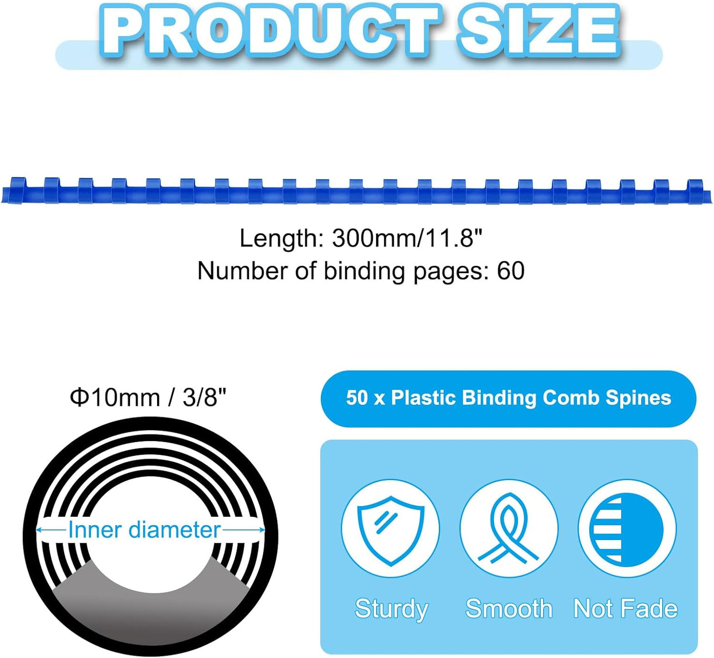 PATIKIL 10mm (3/8") Plastic Binding Combs, 50 Pcs 21 Rings Comb Binding Spines 60 Sheet Capacity Letter Size for Binding Paper Sheets, Blue