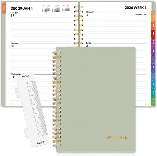 SUNEE 2026 Weekly and Monthly Planner - from January 2026 - December 2026, 6.4" x 8.3" Daily Agenda Planner with Monthly Tab, Flexible Cover, Note Pages, Pockets, Bookmark, Spiral Binding, Greenery