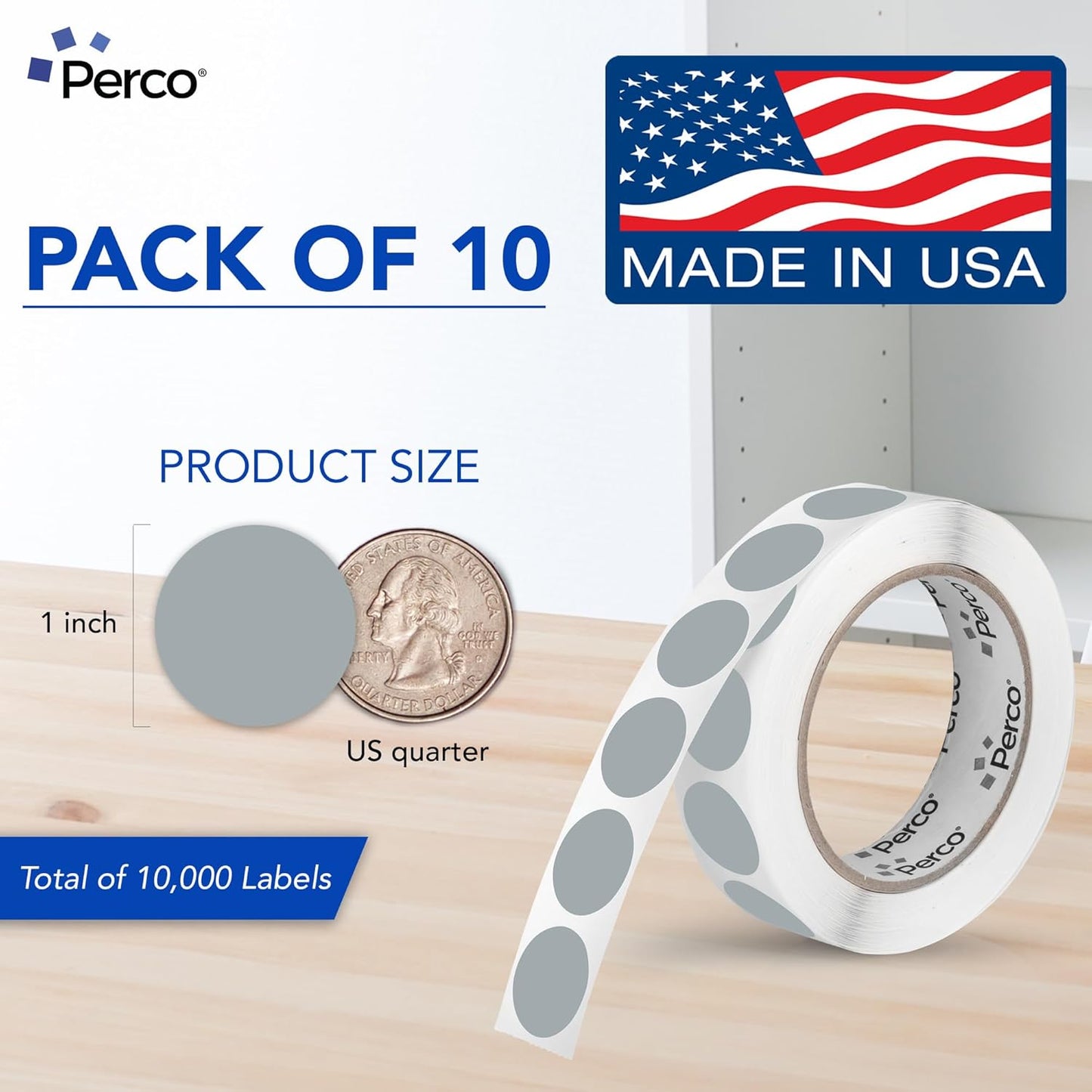 Perco Grey 1-Inch Perforated Circle Dot Sticker Labels — 10 Rolls, 10,000 Round Stickers — with Permanent Adhesive for Inventory Management, Color Coding, Garage Sales, Crafts—Made in USA