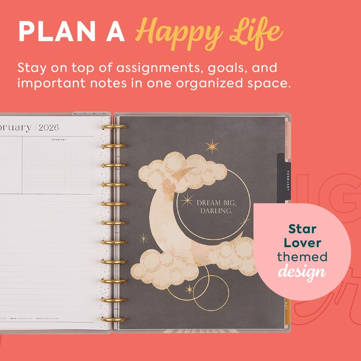 Happy Planner Disc-Bound Planner Jan.–Dec. 2026, Includes 3 Extra Months and 2 Sticker Sheets, Big Size, 8.5" x 11", Dashboard Layout, Star Lover