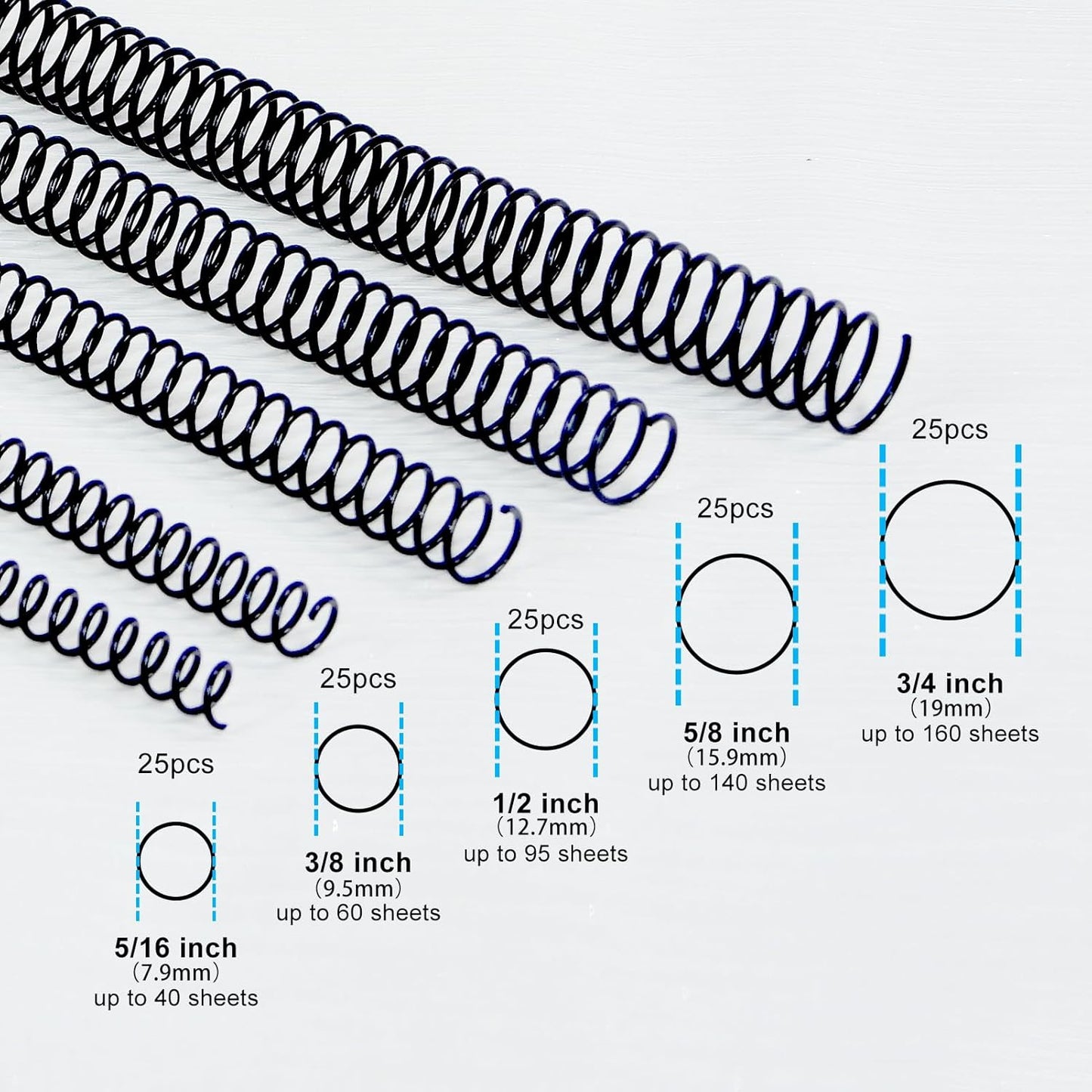 Rayson Plastic Spiral Binding Coil, Mixed Sizes (5/16", 3/8", 1/2", 5/8", 3/4") 4:1 Pitch Black Coil Binding Spines for Business and Educational Purposes, Pack of 125