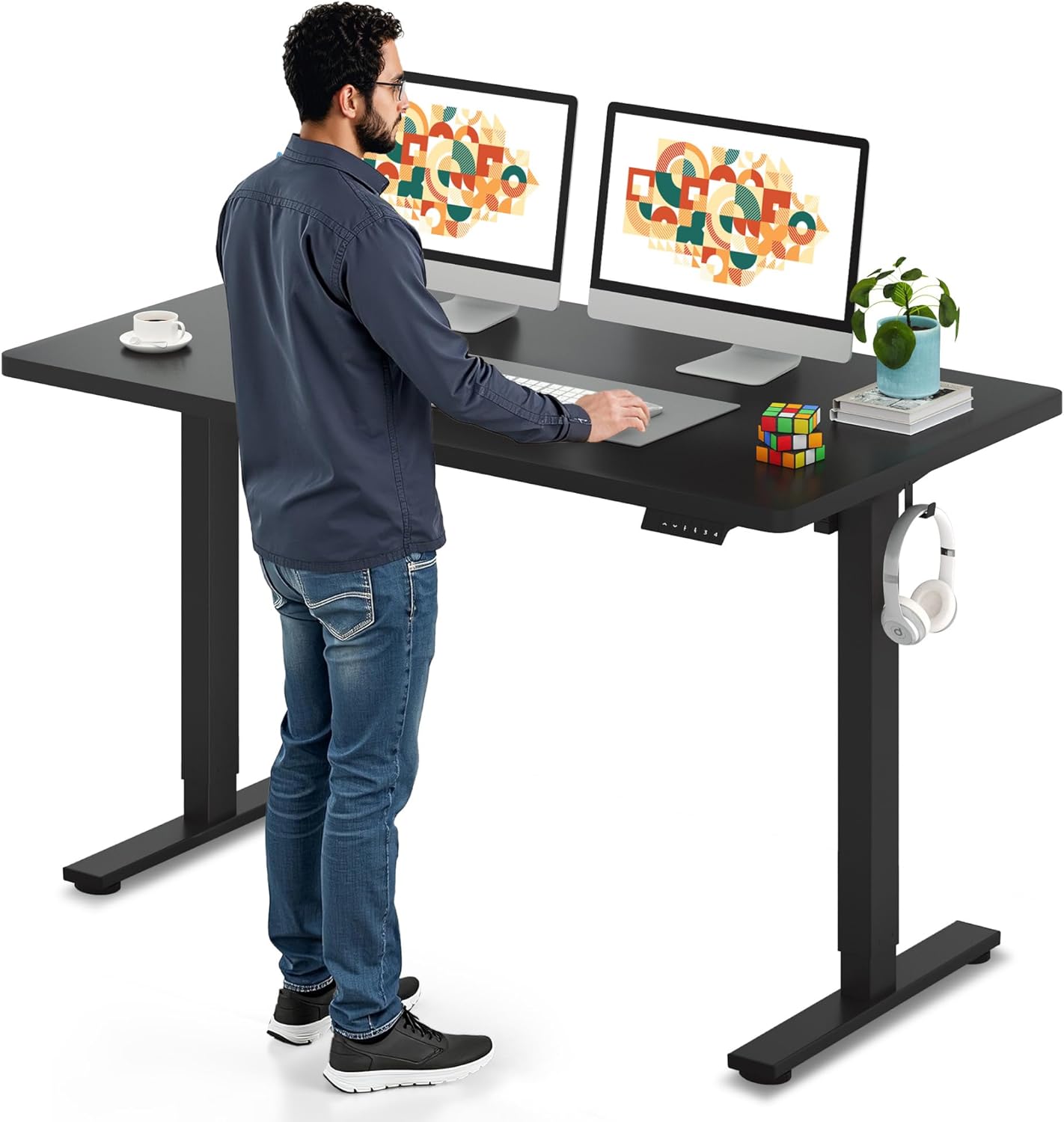 SANODESK Electric Standing Desk 55 x 28 Inches Whole-Piece Desktop Height Adjustable Stand Up Desk w/6-Button Controller Ergonomic Computer Desk for Home Office, Black Frame + Black Tabletop