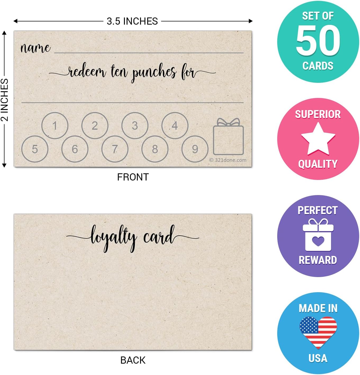 321Done Loyalty Punch Cards, Made in USA - 3.5x2 Customer Reward Card, Redeem 10 Punches or Visit for Prize, Kraft Tan - Set of 50
