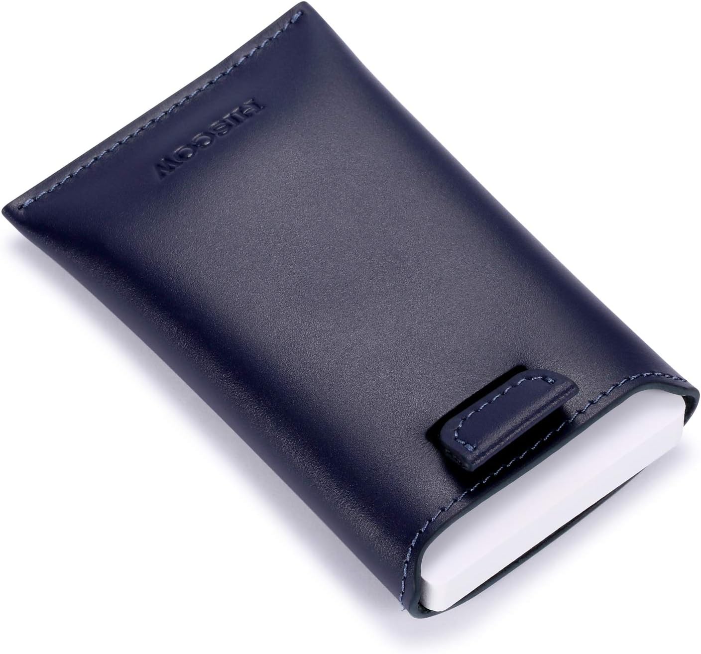 HISCOW Business Card Holder with Flap for Dispensing Cards - Italian Calfskin (Dark Blue)