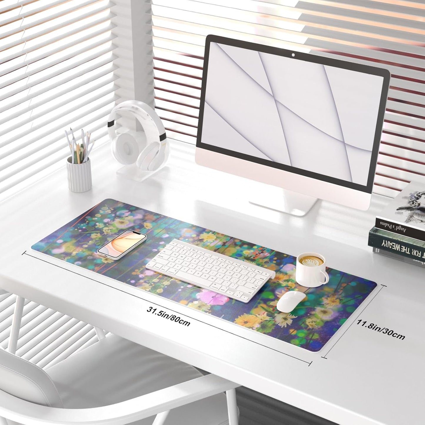 QIYI Large Desk Pad, Waterproof PU Leather Mouse Pad for Desktop, Blue Green Floral Home Décor Office Desk Accessories, Non Slip Desk Mat Writing Pads for Home Office 31.5" x 11.8" - Ivy Flowers