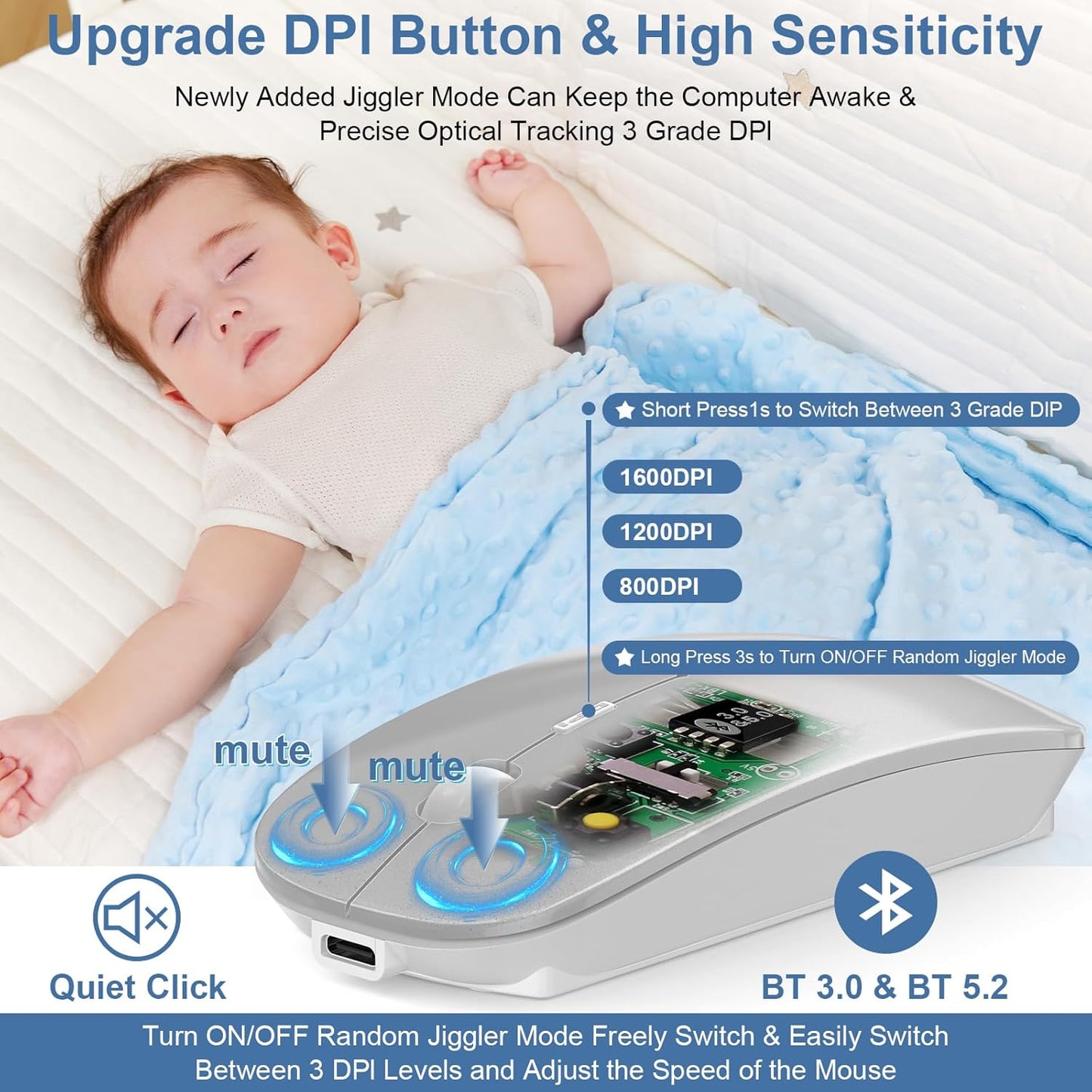 Mouse for Laptop Wireless Bluetooth - MacBook Air Mac Pro PC iPad Optical Rechargeable Silent Mouse with Jiggler Dual Mode Switch Bluetooth 5.2/3.0 and 2.4GHz USB-A and Type-C Receiver Rose Gold