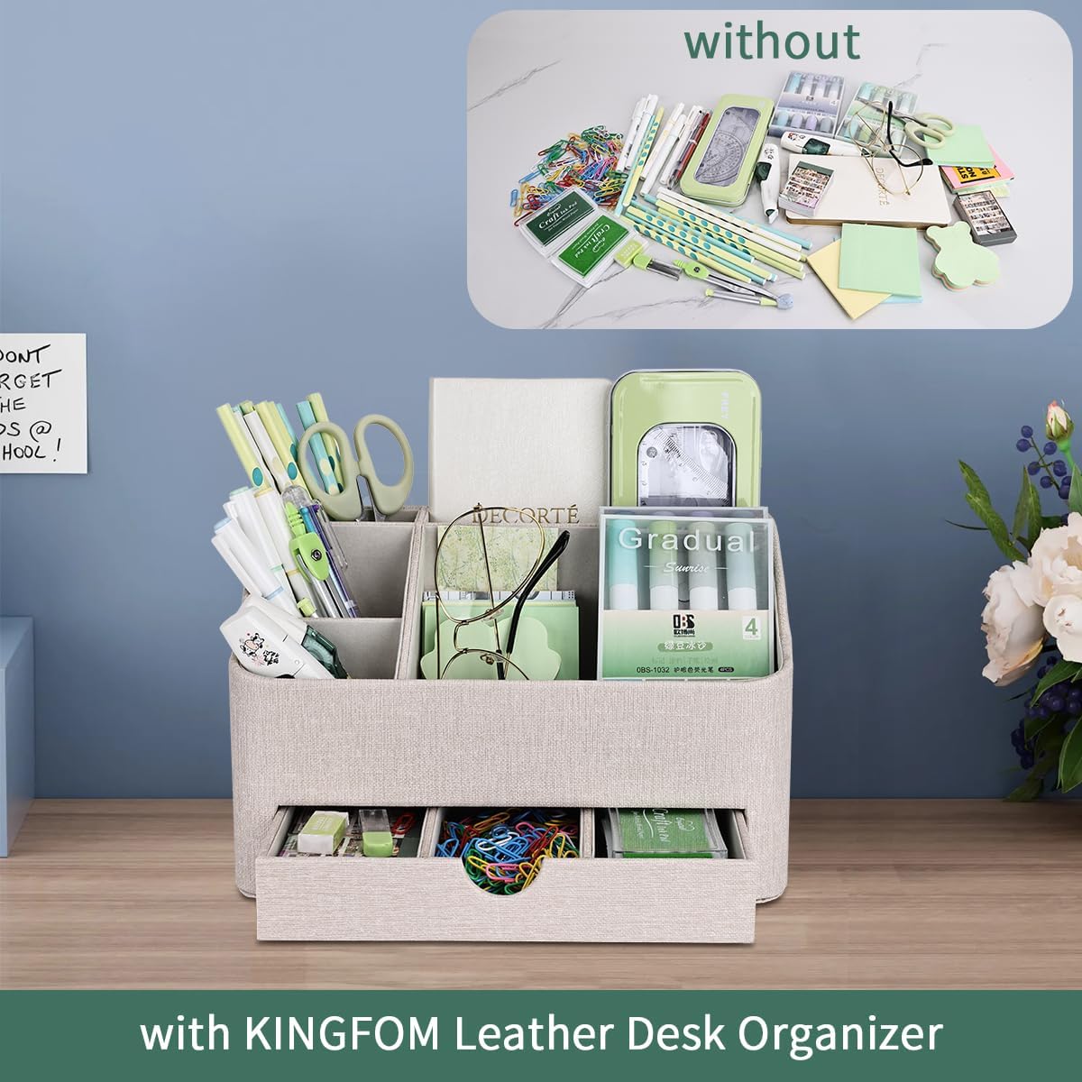 KINGFOM Desk Organizer with Drawer, Multifunction Pencil Holder for Desk, Desk Organizer and Accessories 5 Comparetments for Home Office Supplies (Beige)