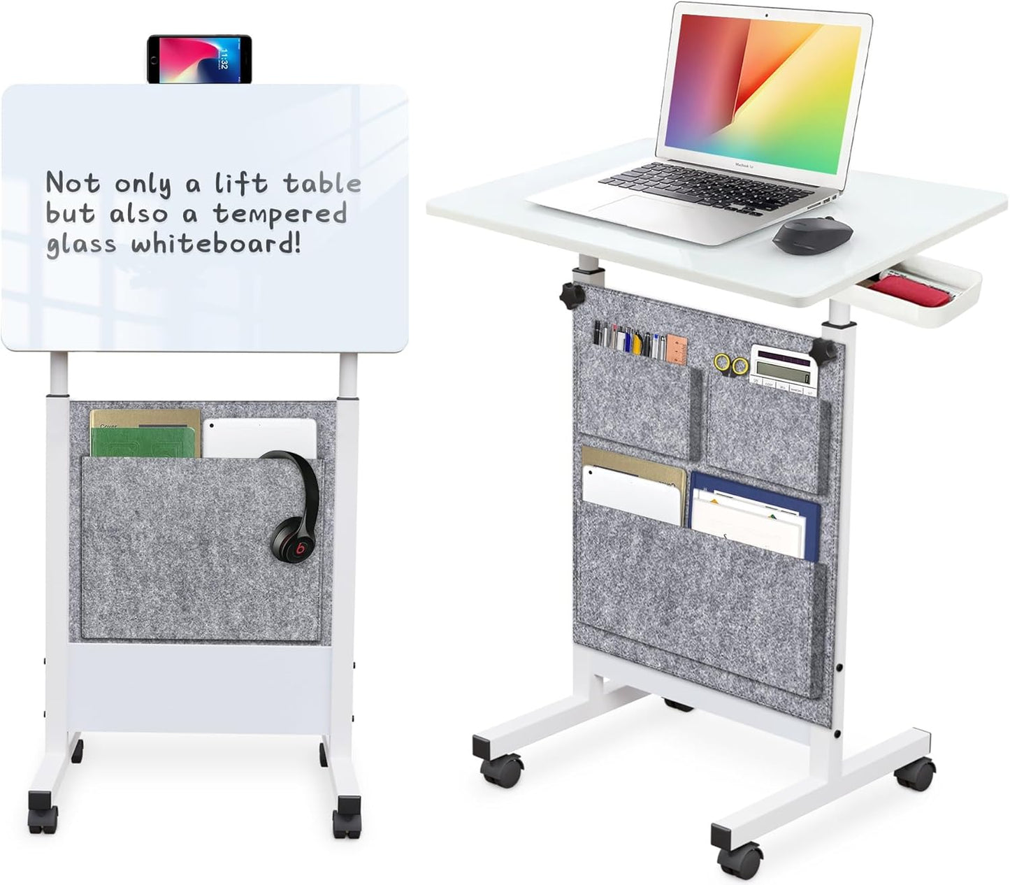 KOUPA Adjustable Height Standing Desk, Writable Tempered Glass Desktop with Eraser, 360° Flip, Wheels and Bag– Ideal for Small Spaces and Home Offices, 24 in, White(Adjustable Height: 32-47 in)