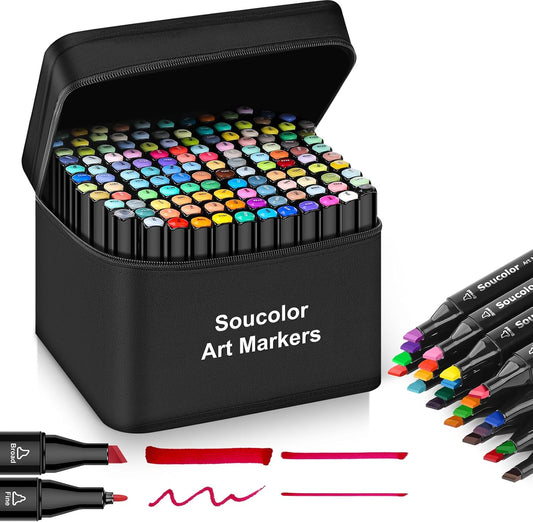 Soucolor Alcohol Markers, 131 Dual Tip Permanent Artist Art Markers for Adult Coloring, Sketching and Illustrations, with Case for Easy Storage, Alcohol Based Markers for Book Painting and Card Making