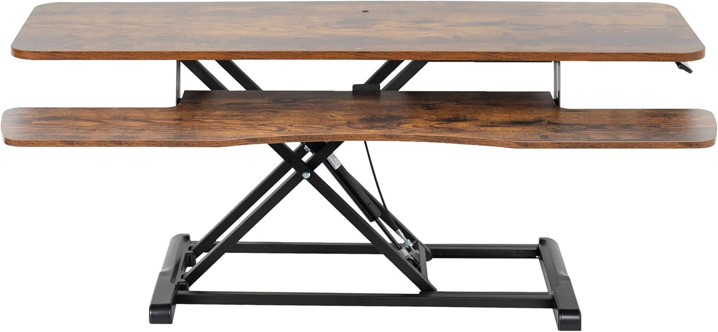 VIVO 48 inch Desk Converter, K Series, Height Adjustable Sit to Stand Riser, Dual Monitor and Laptop Workstation with Wide Keyboard Tray, Rustic Vintage Brown Top, Black Frame, DESK-V048KN