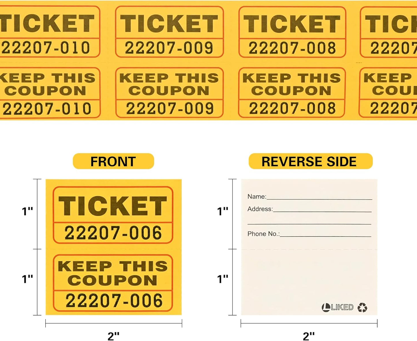 L LIKED Fluorescence Raffle Tickets Double Roll 1000 Tickets Neon Orange High Light 50/50 Tickets for Event,Raffle,Fundraiser, LD-RTDN2X2-1000Orange