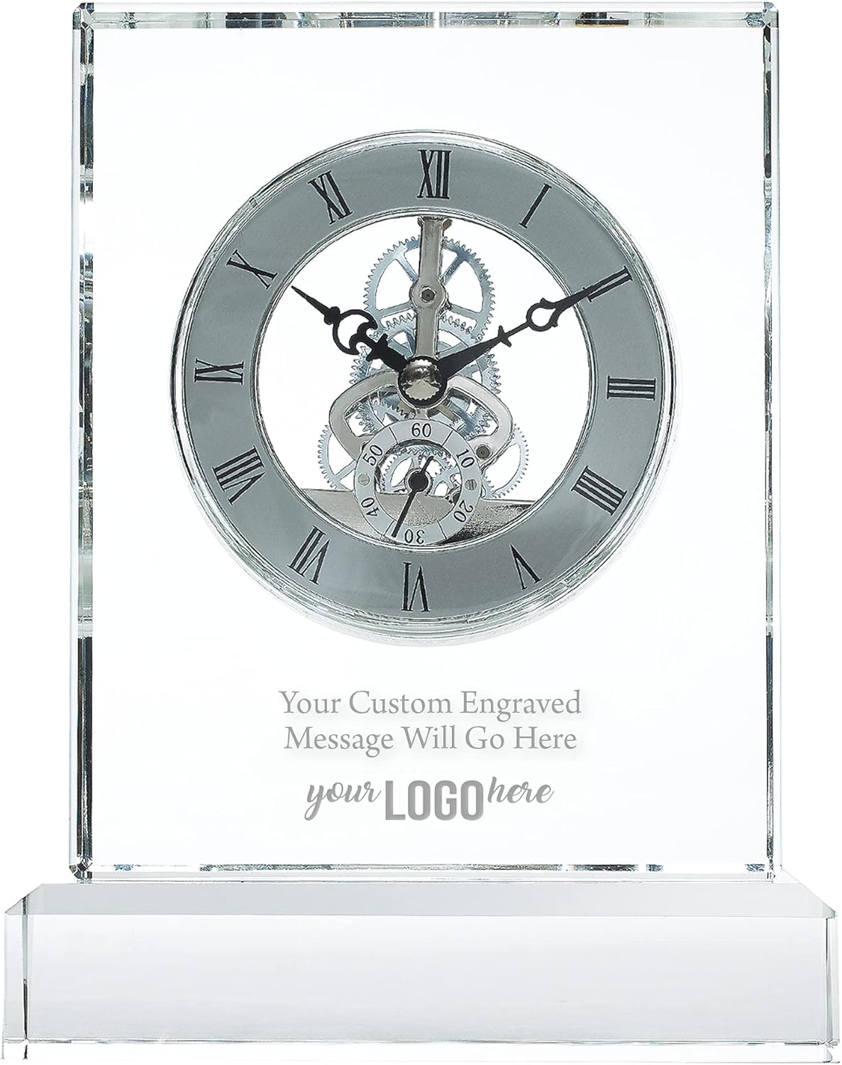 Baudville Engraved Clock Trophy - Executive Crystal - Rectangular Shaped on a Rectangular Base - Silver Inset Time Piece (Rectangle Silver Custom Logo)