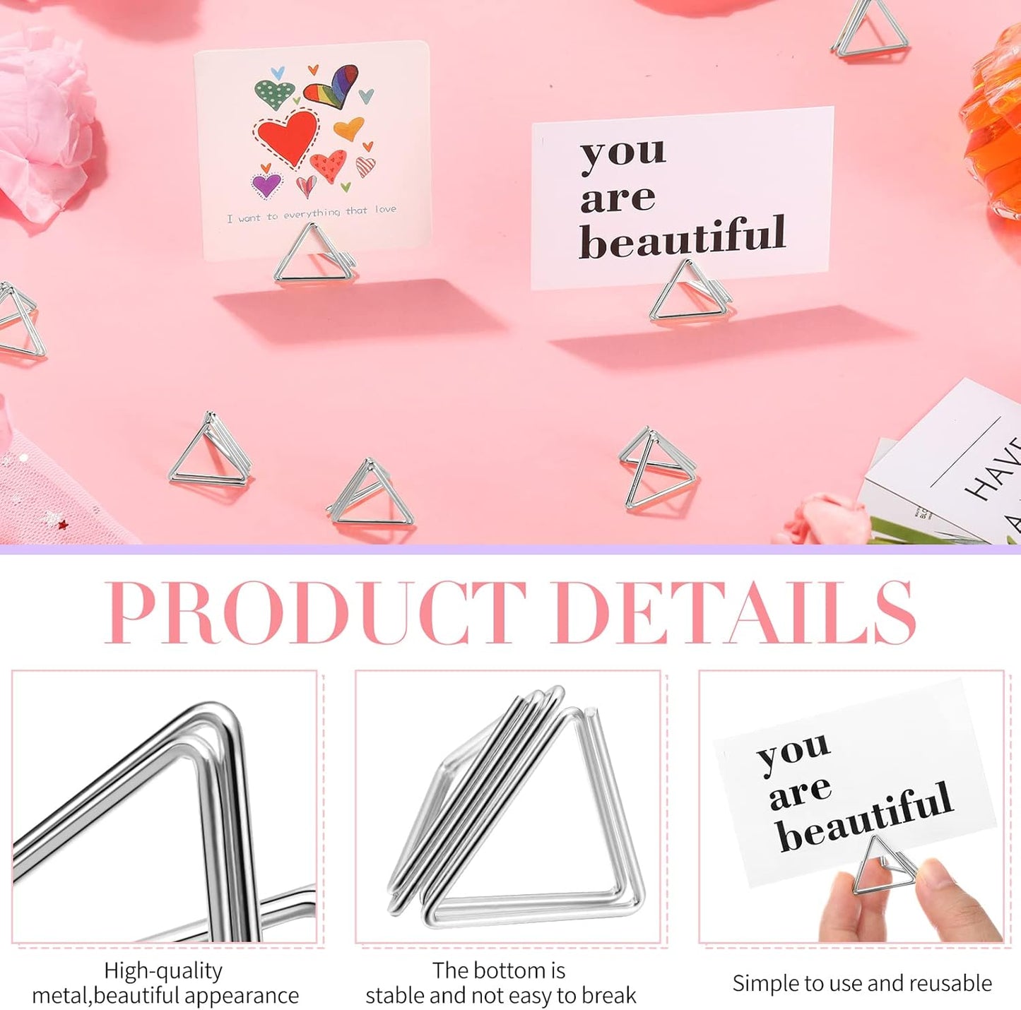 100 Pcs Triangle Shape Table Number Holders - Wedding & Party Mini Name Card Holders - Silver