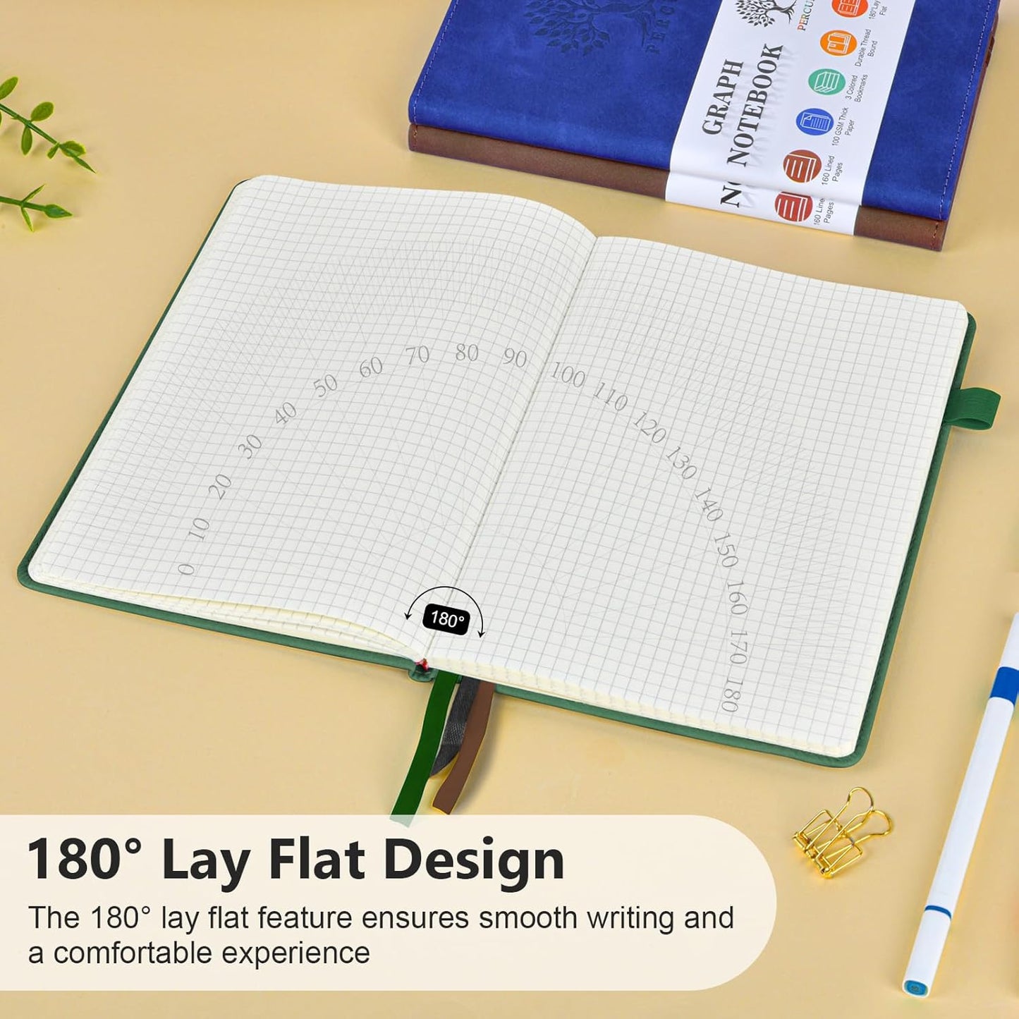 Graph Paper Notebook, 160 Pages Grid Journal for women & men, A5 Hardcover Leather Graphing Notebook for School, Work, Travel, Note Taking 5.9”x8.5” (Green)