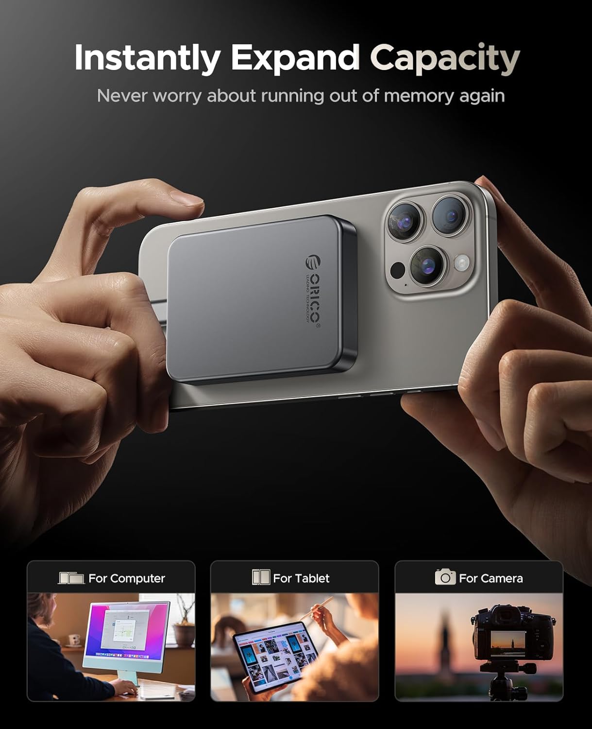 ORICO 256GB Magnetic Portable SSD, Metal Body, 4K 120 fps ProRes HDR Record and Store, Up to 460MB/s, USB C&A 2 in 1 Cable, External SSD Compatible with iPhone 16 Pro Max, Tablet, Computer - K5PLUS