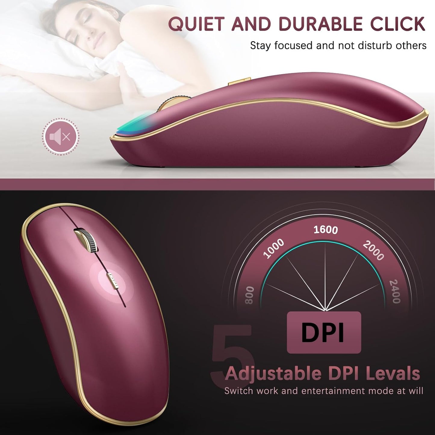 JOYACCESS Wireless Keyboard and Mouse, 2.4g Slim and Ergonomic Wireless Keyboard Mouse Combo- Full Size and Portable Design for Laptop/Windows/Computer-Wine Red Gold