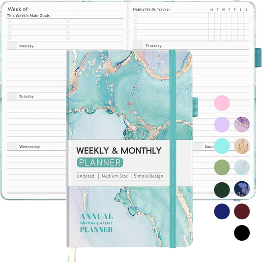 Undated Weekly Planner for 2025, Forvencer Simplified Weekly & Monthly Calendar Planner, Cute Daily Organizer Notebook, Agenda Journal to Track Goals & Tasks, Start Anytime, A5 Size, Teal Marble