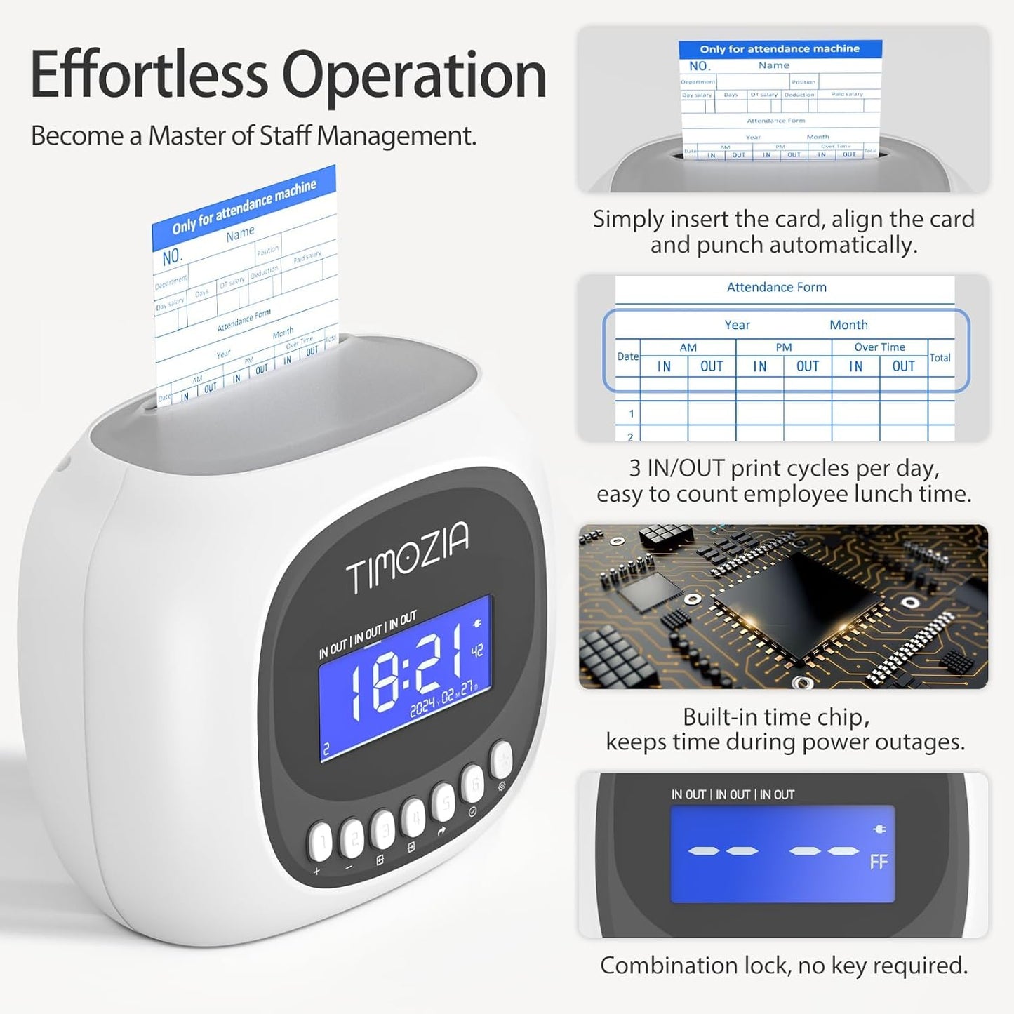 Time Clock with Passcode, Auto-Align Time Card Machine, 6 Punches per Day Time Clock Punch Machine with 100 Time Cards, 2 Ink Ribbons and 4 Racks(White, Military Time)