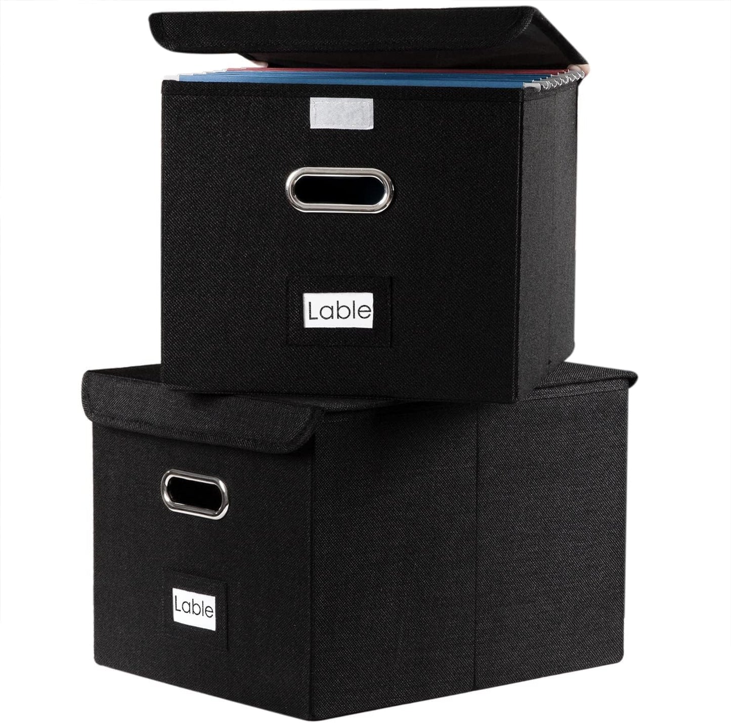 PRANDOM File Organizer Box - Set of 2 Collapsible Decorative Linen Filing Storage Hanging File Folders with Lids Office Cabinet Letter Size Black (15x12.2x10.75 inch)