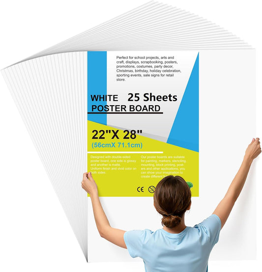 25 Pcs Poster Board 22" x 28" White Poster Paper Bulk, ROOKEA 250 GSM Vision Board for School Arts Craft Projects Presentations Drawing Scrapbooking Blank Graphic Display Office Supplies