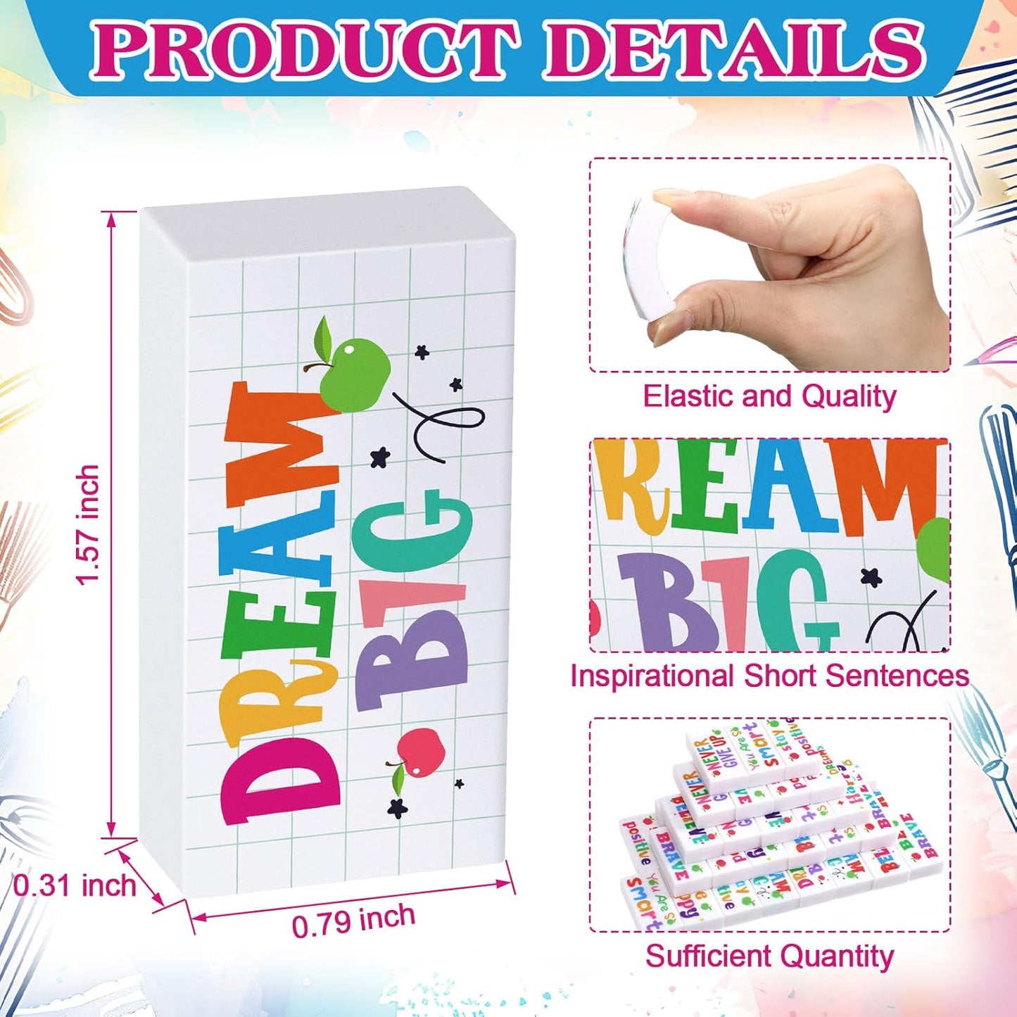 100 Pcs Inspirational Pencil Erasers Bulk for Kids Fun Motivational Eraser School Supplies Back to School Office Supplies for Classroom Office Teacher Artists (Lovely)