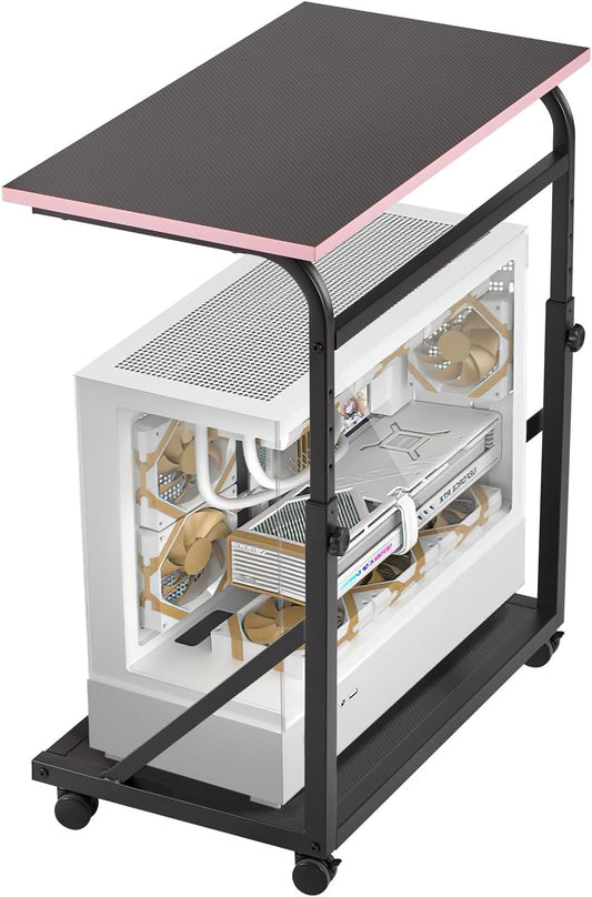 Ergonomic Height Adjustable Computer Tower Stand, 2-Tier CPU Holder Cart Under Desk, PC Floor Stand for Office Gaming Black and Pink