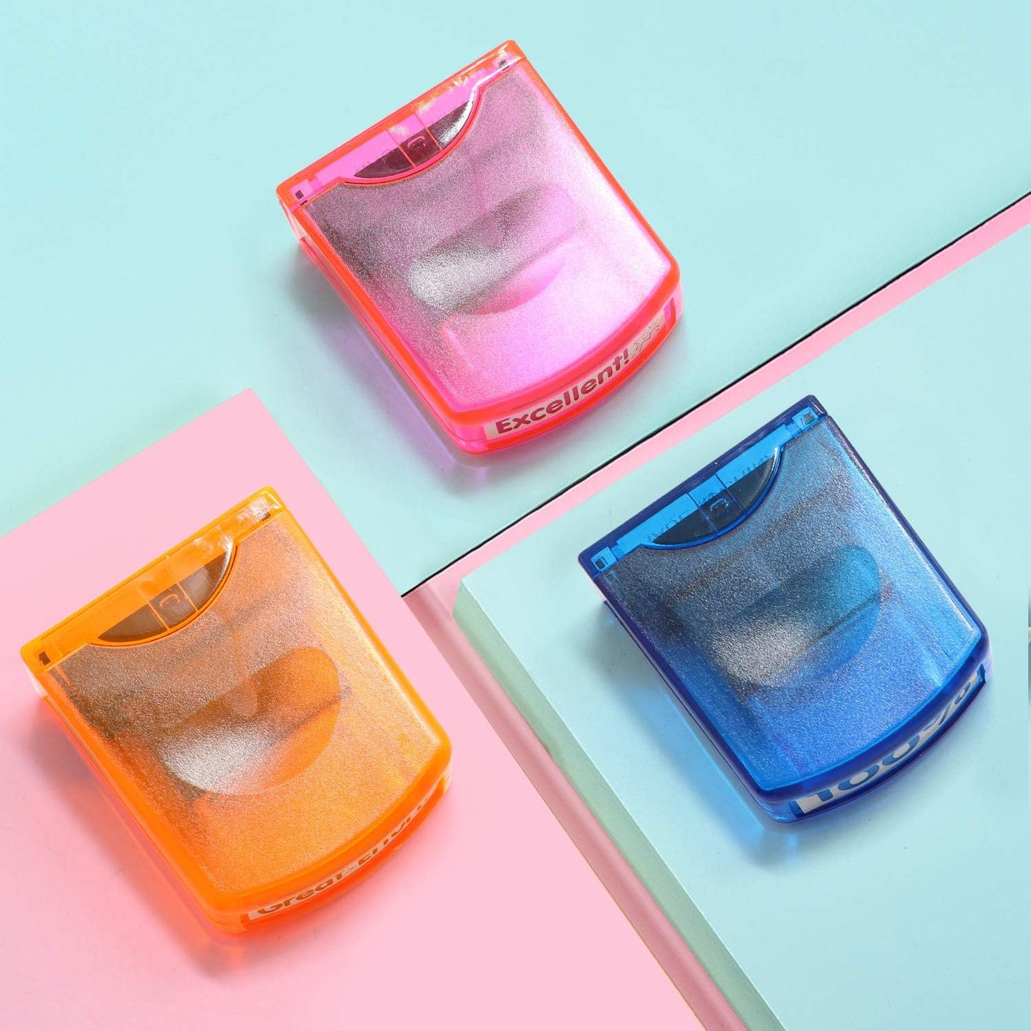 Reliancer Colorful Self-Inking Motivation School Grading Teacher Stamp Set and Tray (8-Piece)