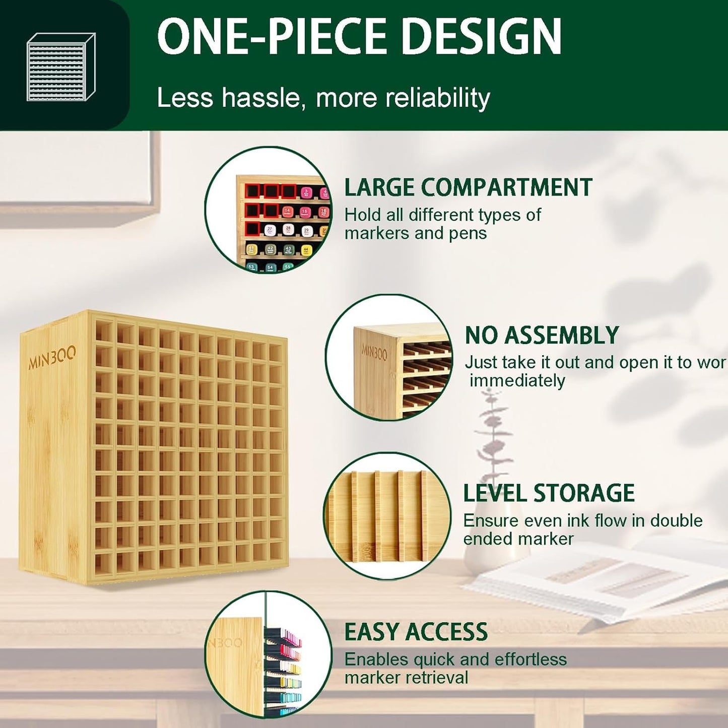 MinBoo Art Marker Storage Organizer for 100 Markers, Bamboo Art Supply Rack, Pens Color Pencils Paint Brushes Stationary Organizer Holder for Home Classroom Office Desk Decor