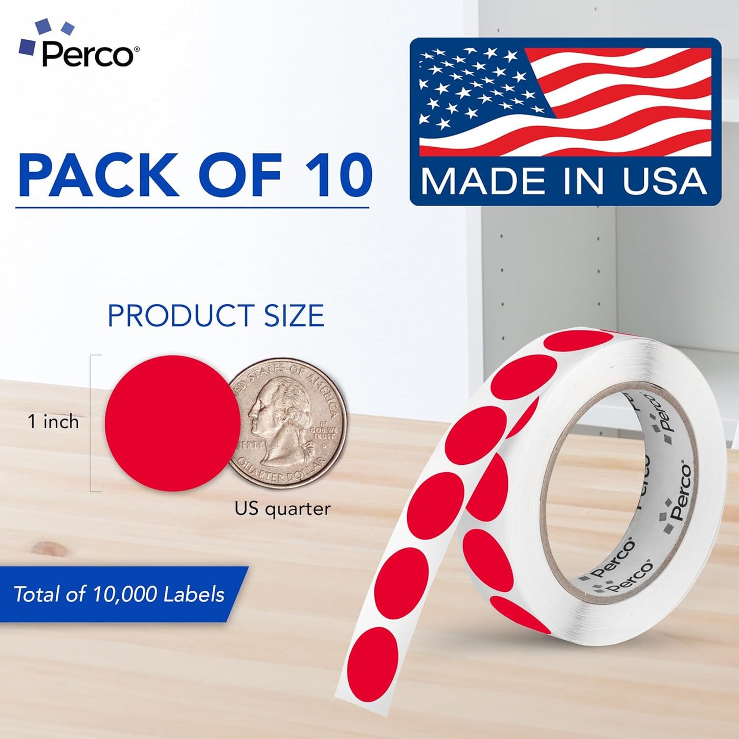 Perco Red 1-Inch Perforated Circle Dot Sticker Labels — 10 Rolls, 10,000 Round Stickers — with Permanent Adhesive for Inventory Management, Color Coding, Garage Sales, Crafts—Made in USA