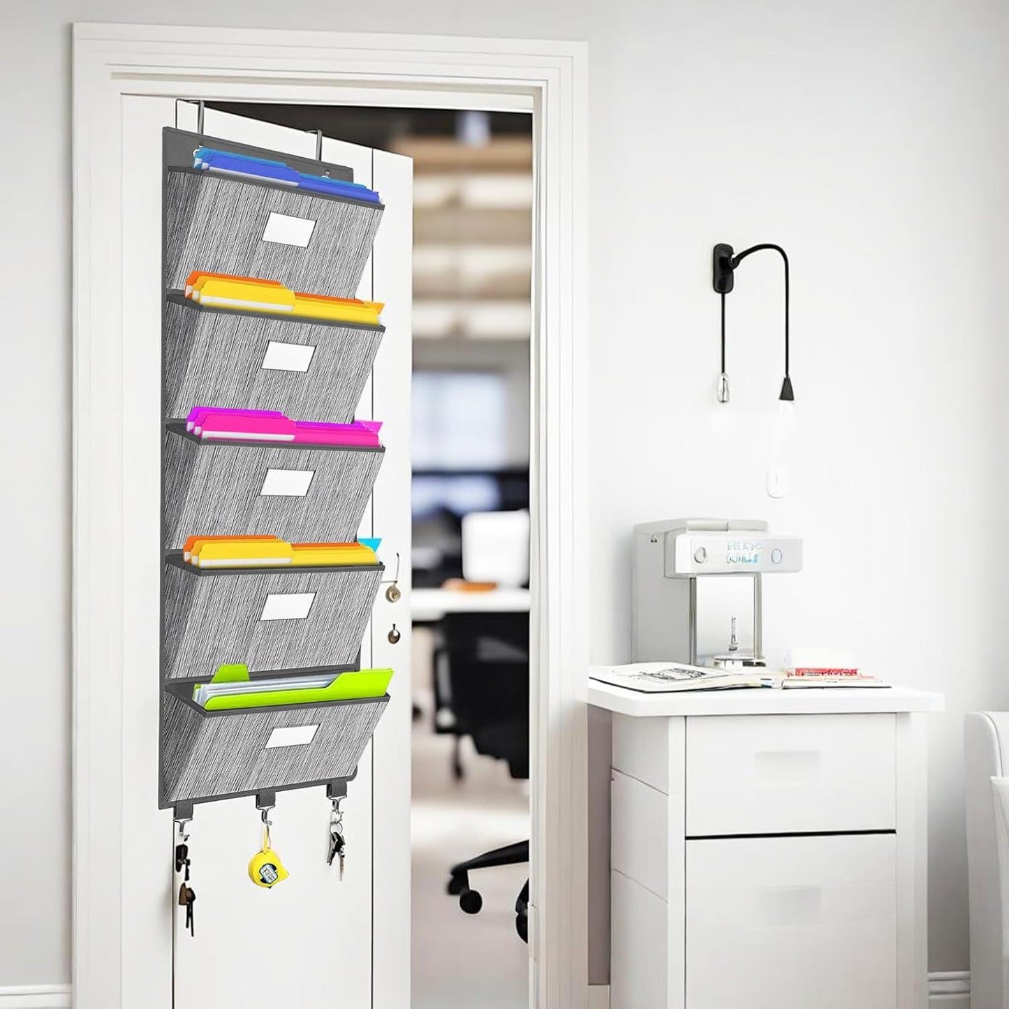 homyfort Over the Door File Organizer, Hanging File Folders, Wall Organizers and Storage for Mail, Magazine, Notebooks, Planners, Office, Classroom, 5 Extra Large Pockets, 50.39” Tall (Grey)